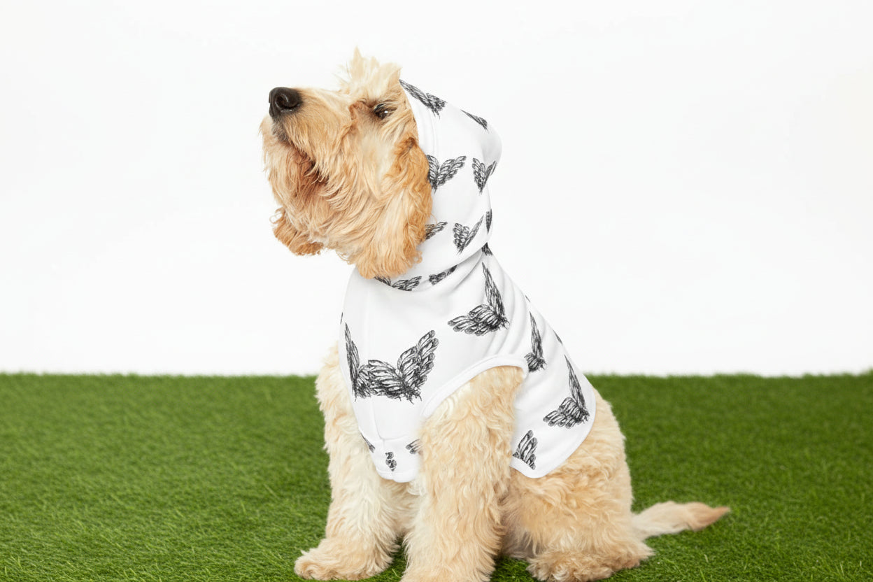 Dog wearing a white dog hoodie with angel wings