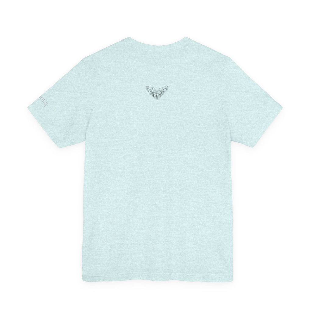 Back view of moontiq 'my angel' pastal aqua unisex cotton t-shirt with small angel wing graphics against a white background.