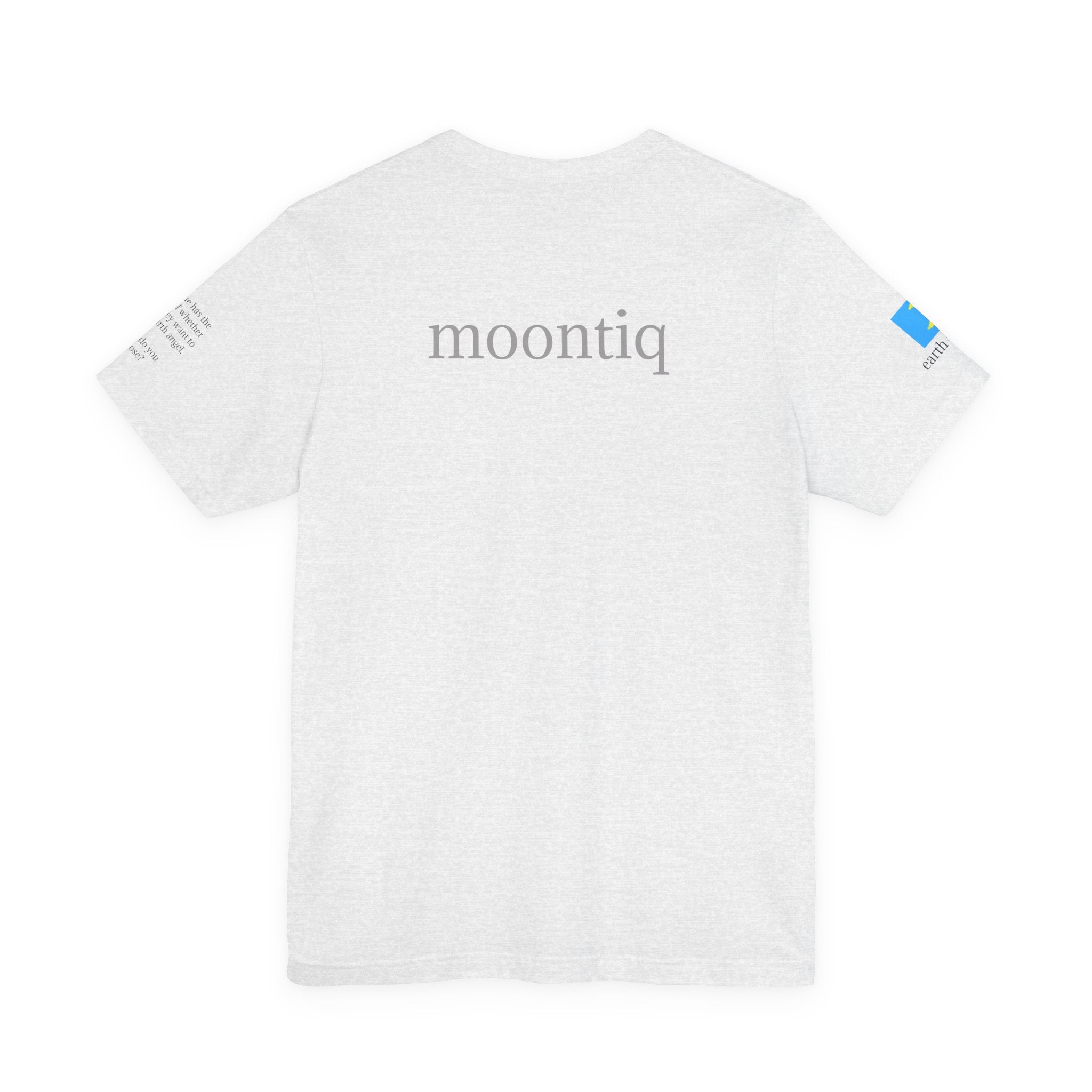 Back view of moontiq 'I Got Wings' White t-shirt with 'moontiq' branding on a white background