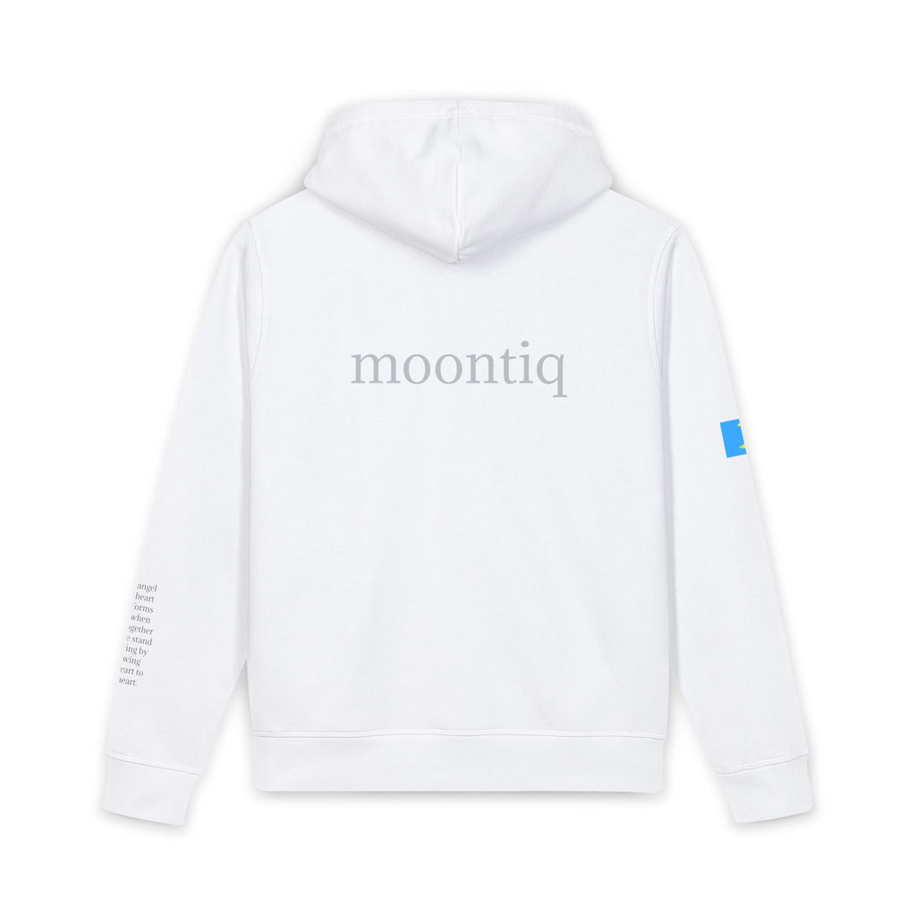 Back view of moontiq 'Angel Heart' White Unisex organic hoodie White hoodie with 'moontiq' branding on a white background