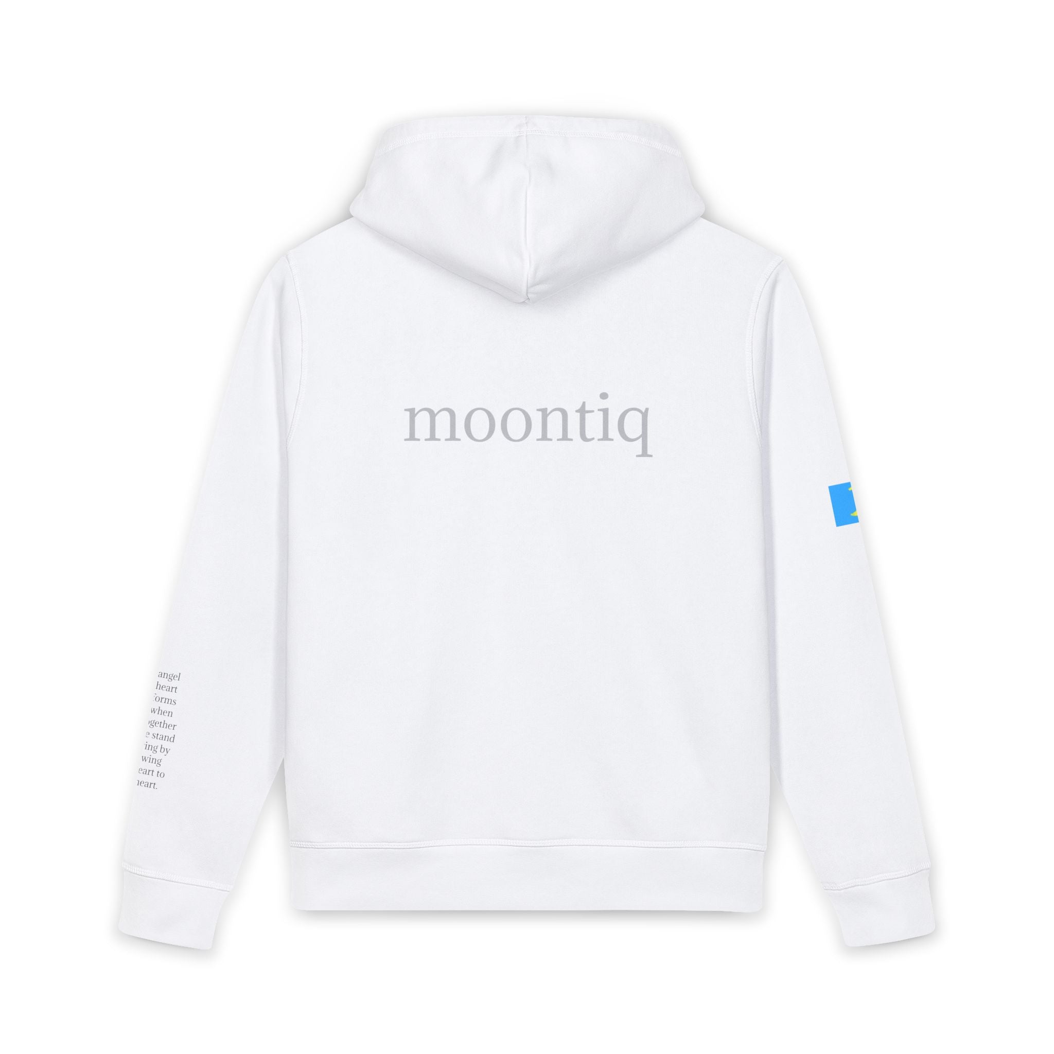 Back view of moontiq 'Angel Heart' White Unisex organic hoodie White hoodie with 'moontiq' branding on a white background