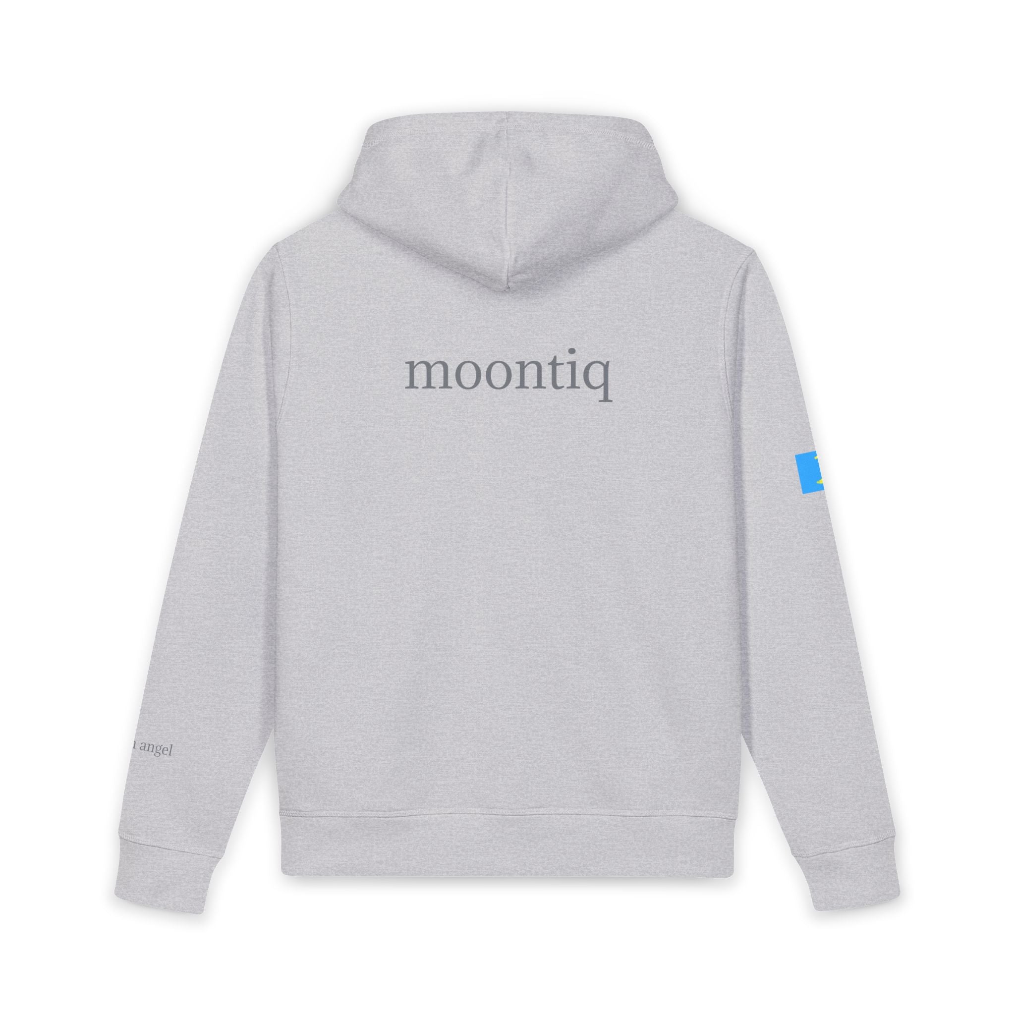 Back view of moontiq 'I Got Wings' gray organic hoodie with 'moontiq' branding against a white background