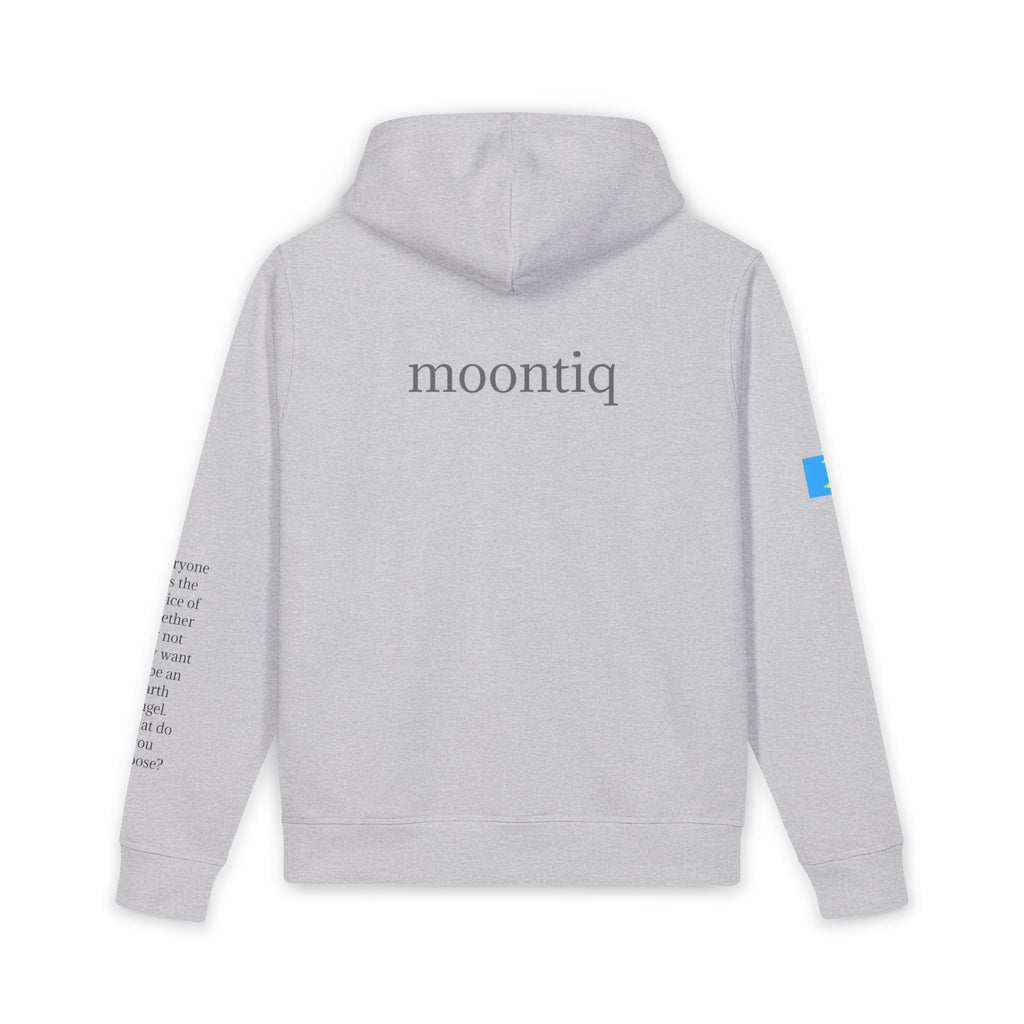 Back view of moontiq unisex organic gray hoodie 'I Got Wings' with  'moontiq' branding on the back of the soft hooded sweatshirt, moontiq logo on the left sleeve and meaningful text on the right sleeve against a white background