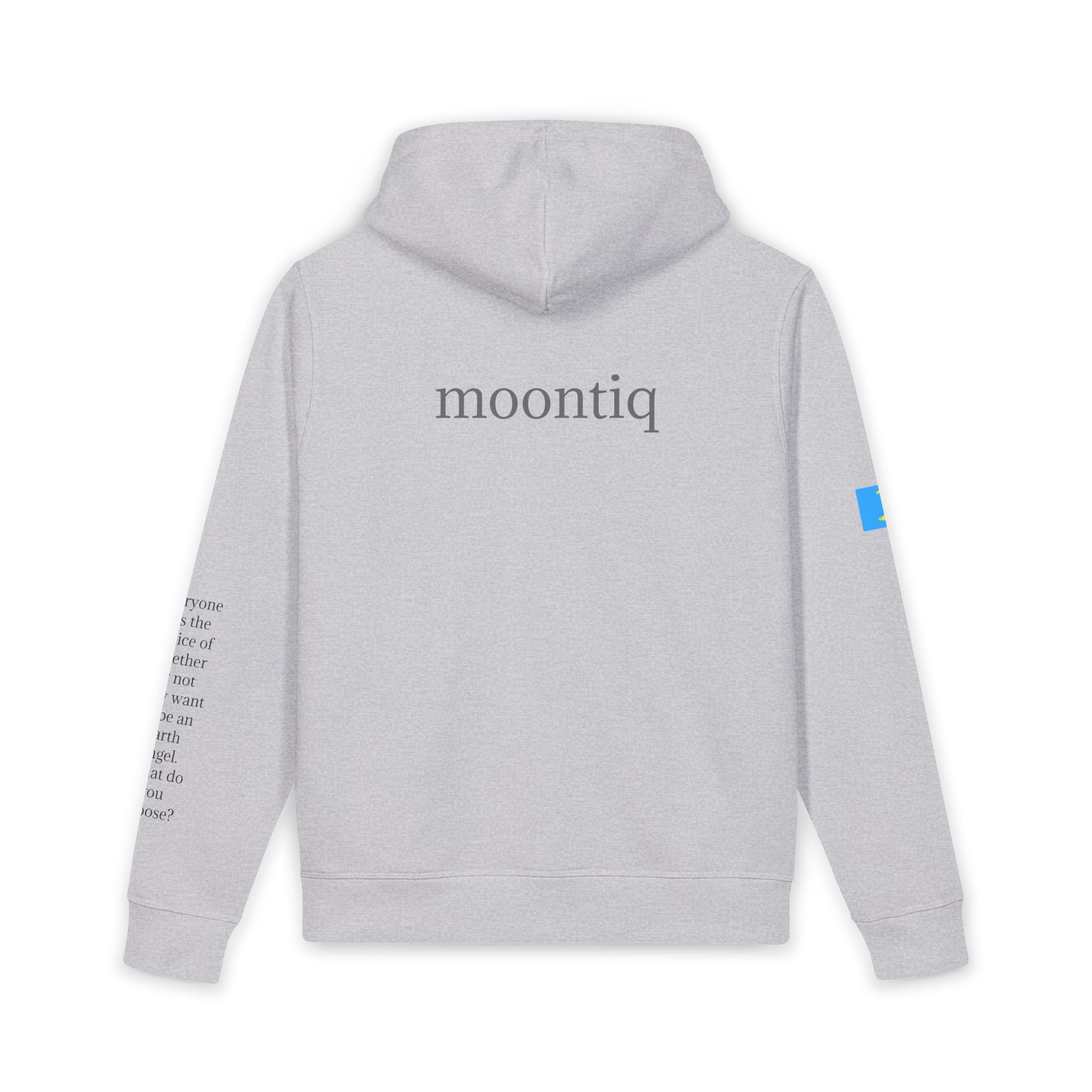 Back view of moontiq unisex organic gray hoodie 'I Got Wings' with  'moontiq' branding on the back of the soft hooded sweatshirt, moontiq logo on the left sleeve and meaningful text on the right sleeve against a white background