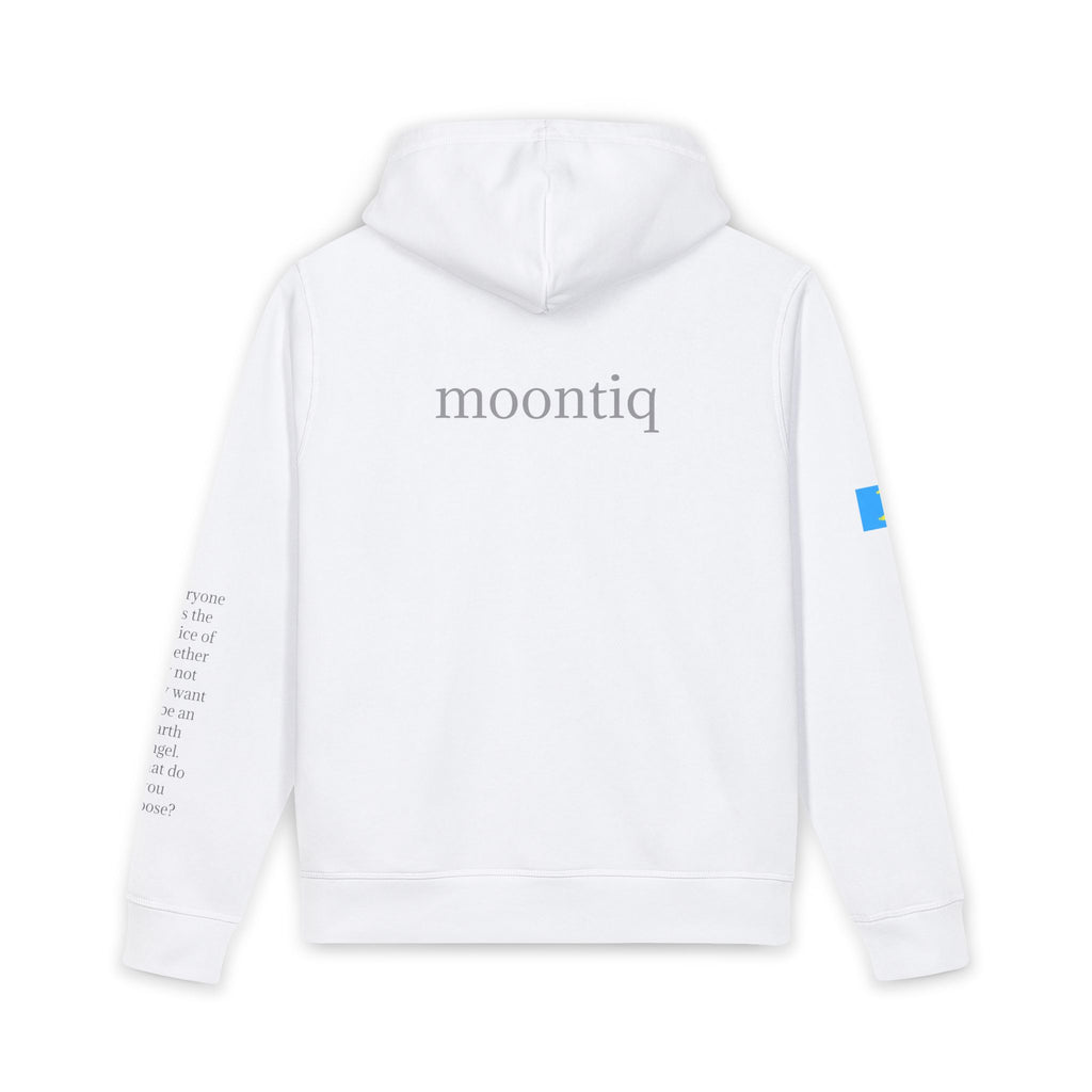 Back view of moontiq unisex organic white hoodie 'I Got Wings' with  'moontiq' branding on the back of the soft hooded sweatshirt, moontiq logo on the left sleeve and meaningful text on the right sleeve against a white background