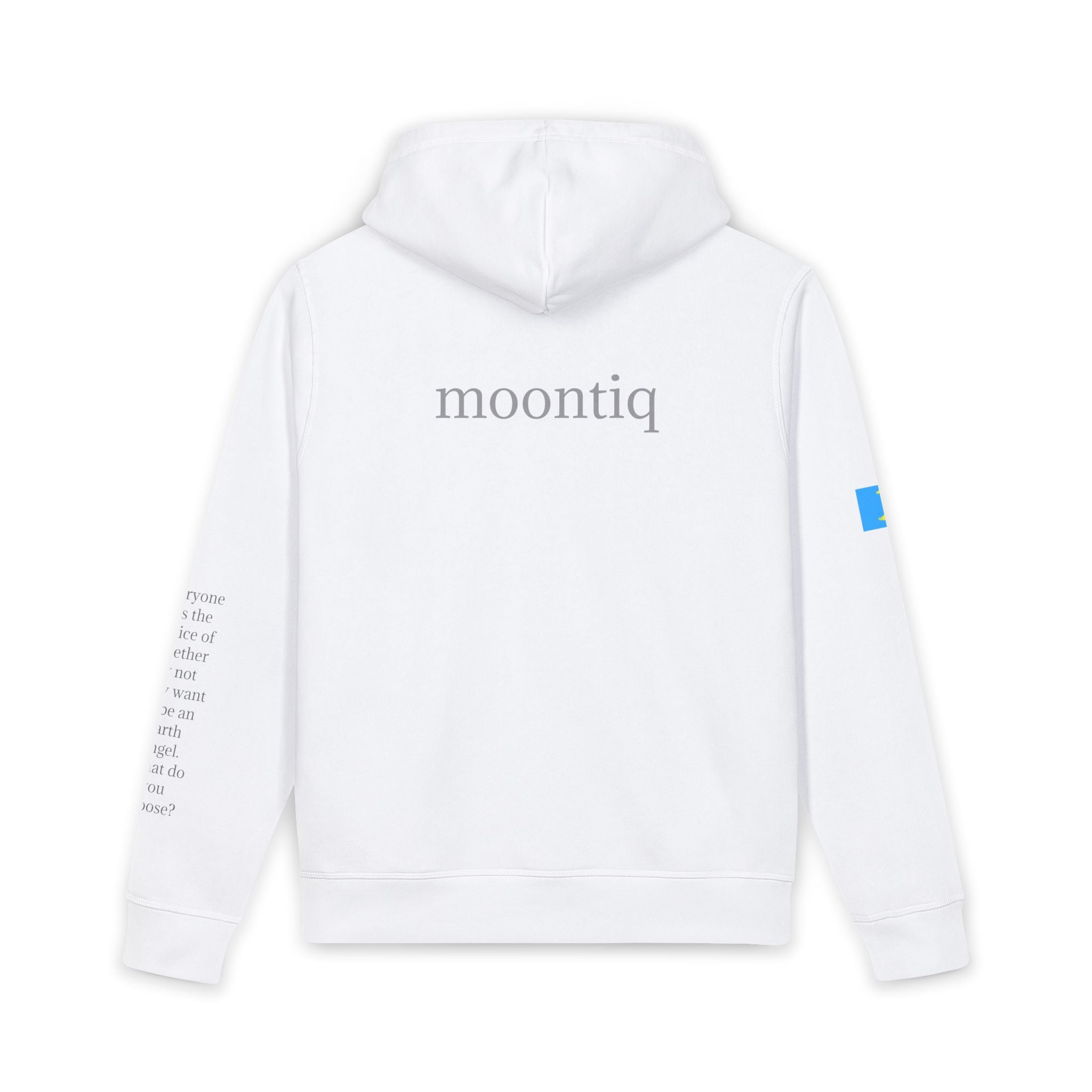 Back view of moontiq unisex organic white hoodie 'I Got Wings' with  'moontiq' branding on the back of the soft hooded sweatshirt, moontiq logo on the left sleeve and meaningful text on the right sleeve against a white background