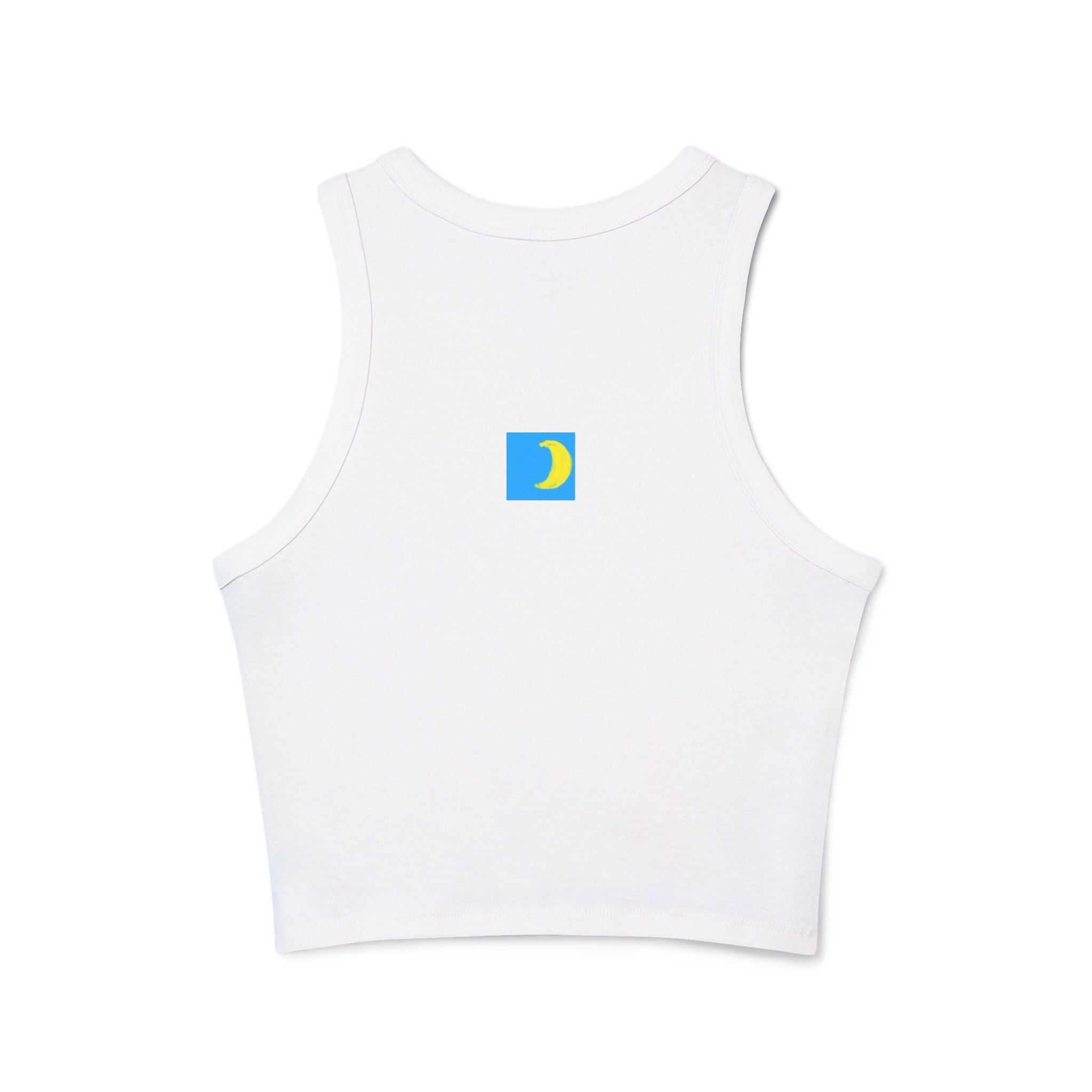 A small moontiq  logo on the back of a moontiq white crop top 'angel heart' against a white background