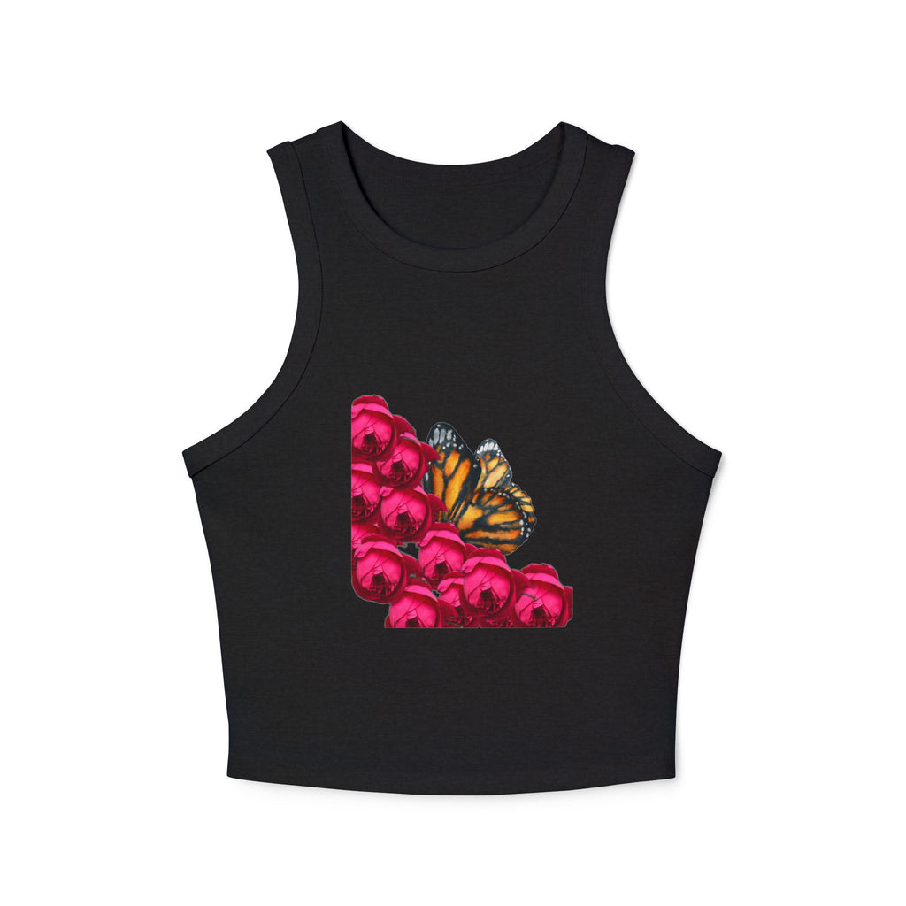 moontiq Black tank top with a butterfly and pink rose design on a black background