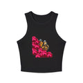 moontiq Black tank top with a butterfly and pink rose design on a black background