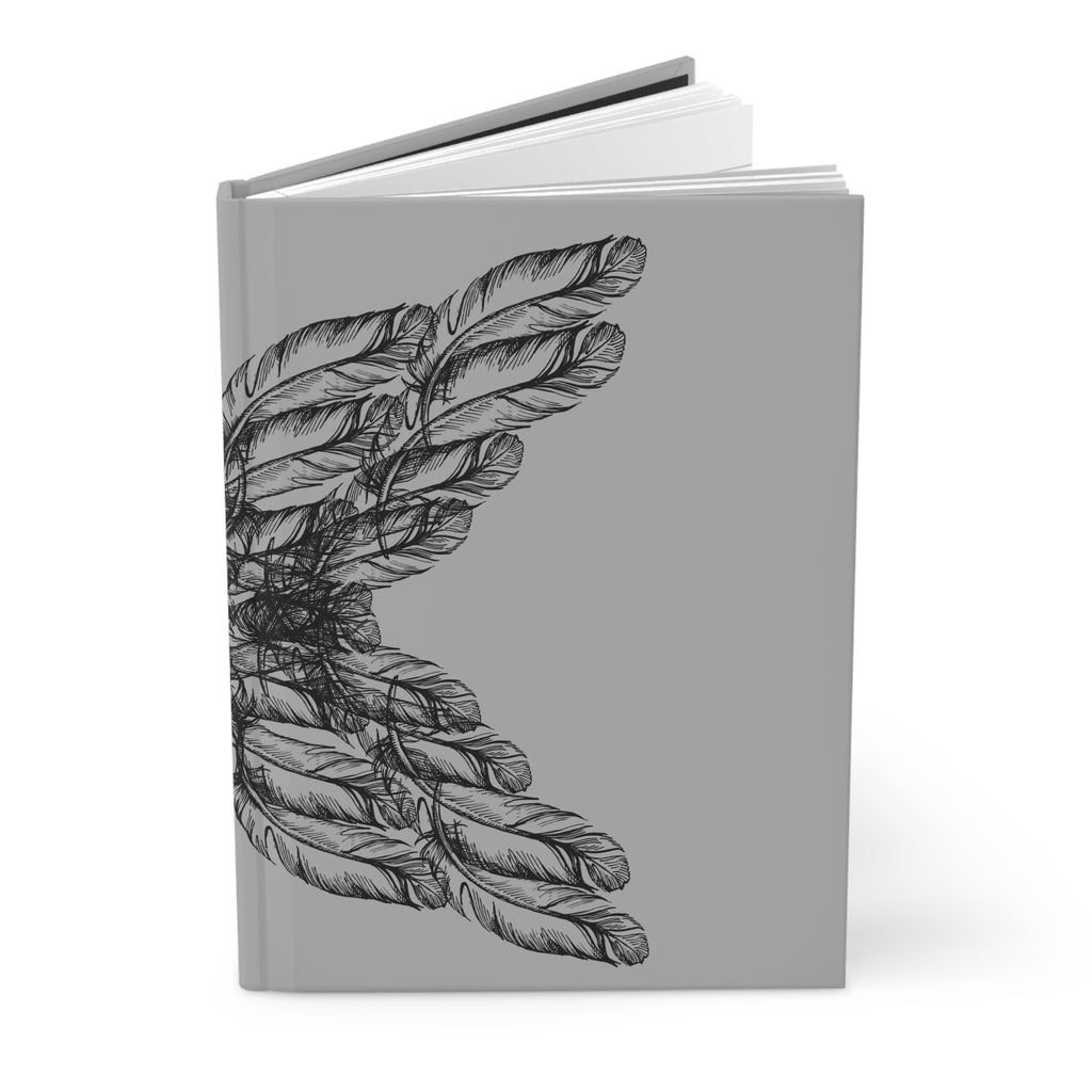 moontiq gray notebook journal with black angel wings design on front cover on a white background