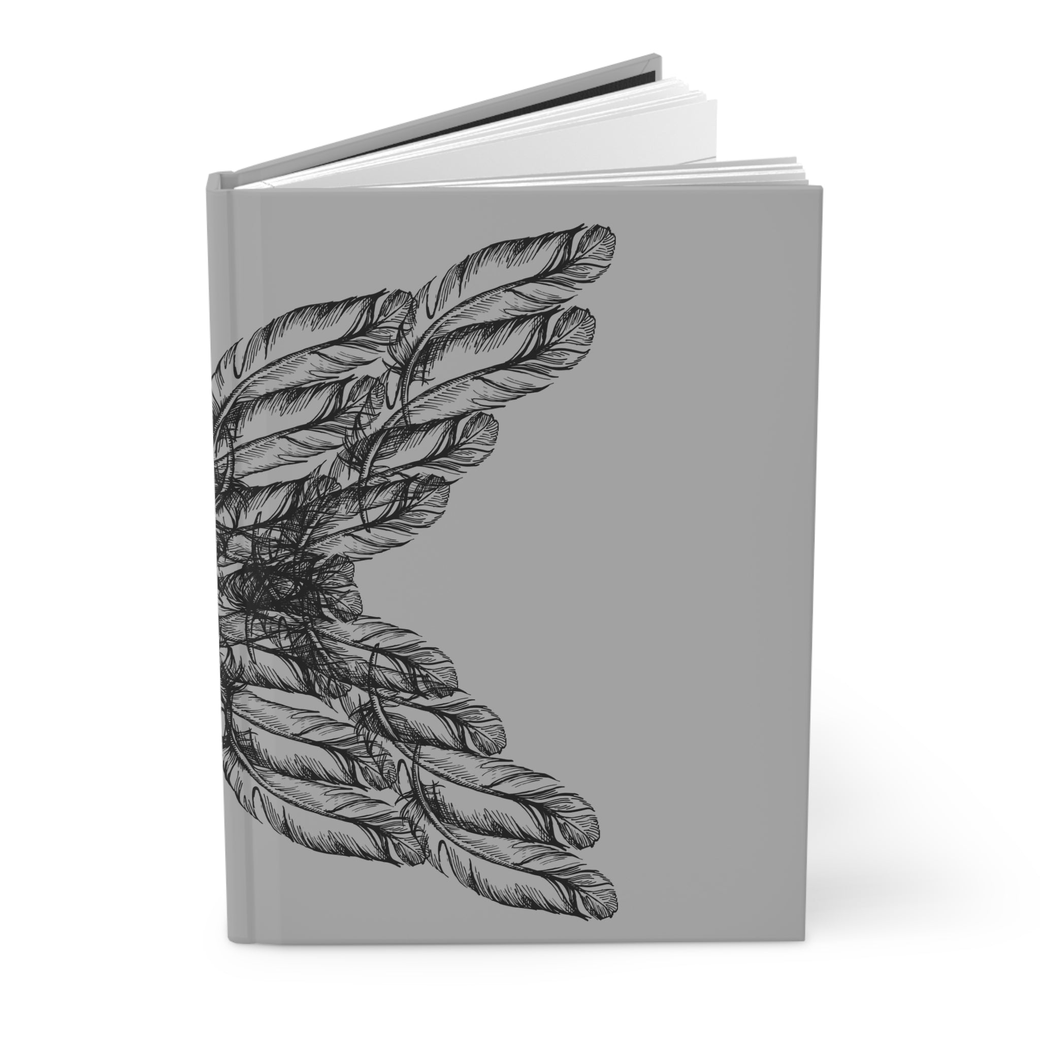 moontiq gray notebook journal with black angel wings design on front cover on a white background