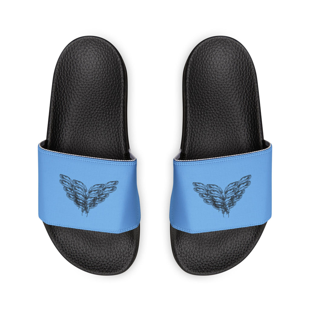 Front view of moontiq women's black comfortable slides with blue straps featuring black angel wings graphics against a white background