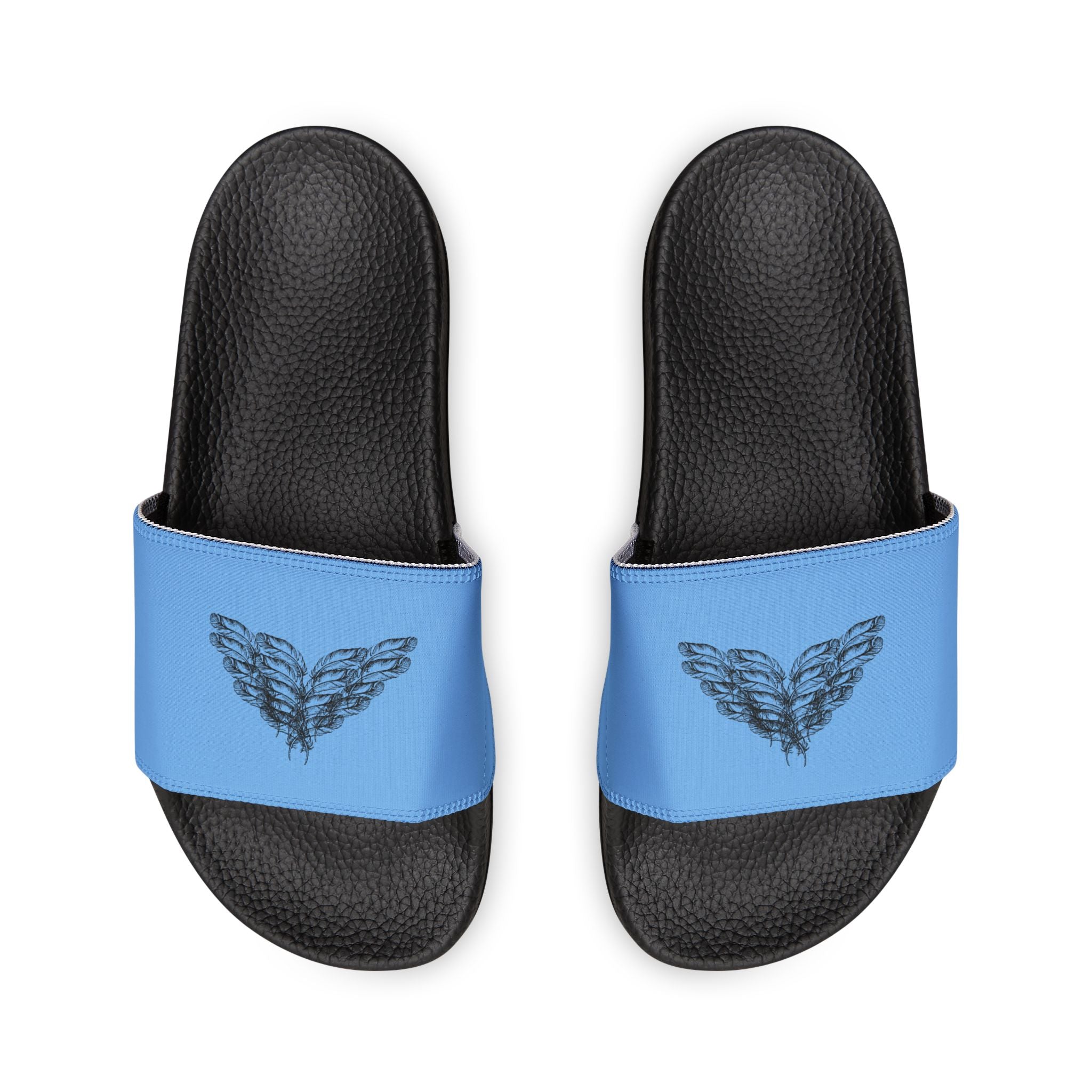 Front view of moontiq women's black comfortable slides with blue straps featuring black angel wings graphics against a white background