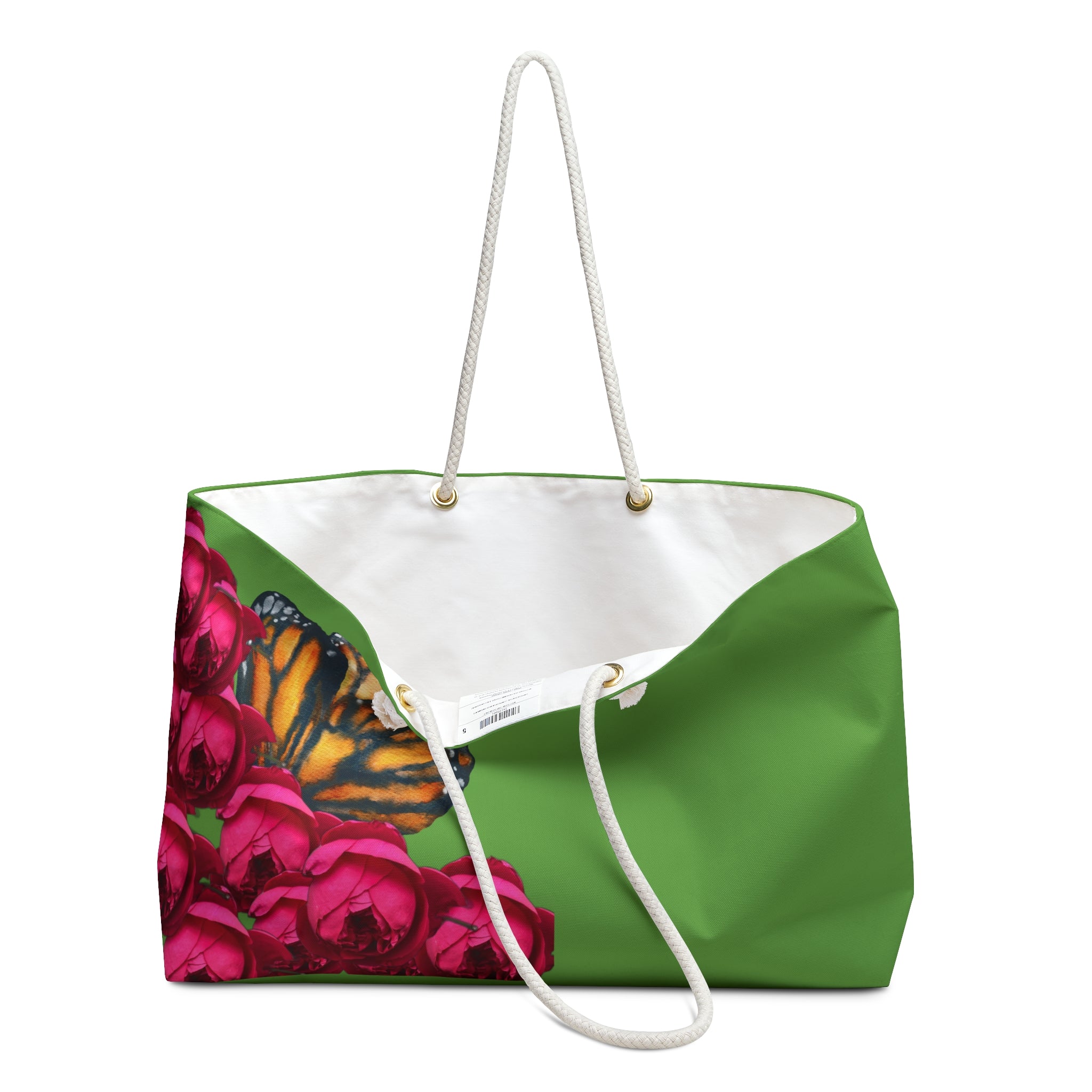 moontiq beautiful green tote bag with a butterfly and floral design on a white background. Opened to view the clean white interior of the bag.