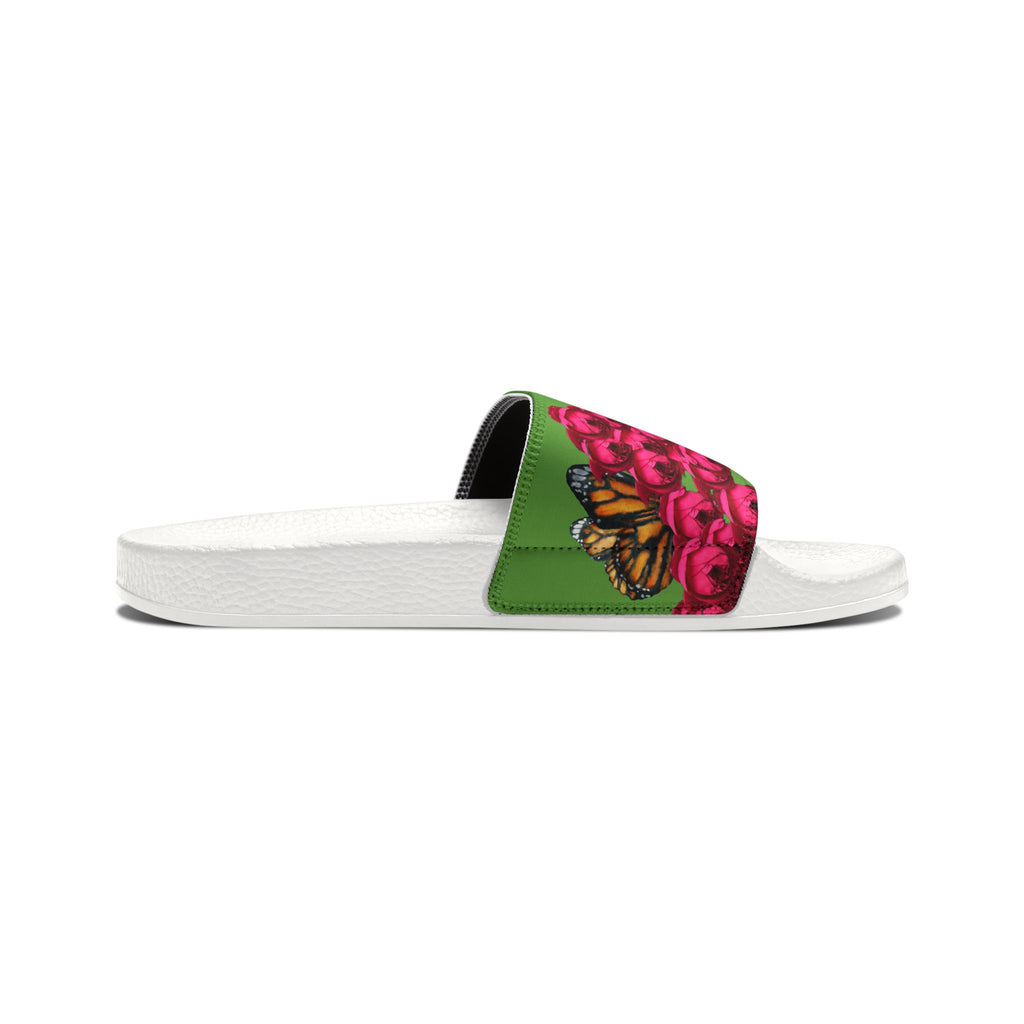 moontiq 'Butterfly and Rose' White slide sandal with a colorful butterfly and rose design on a green strap.