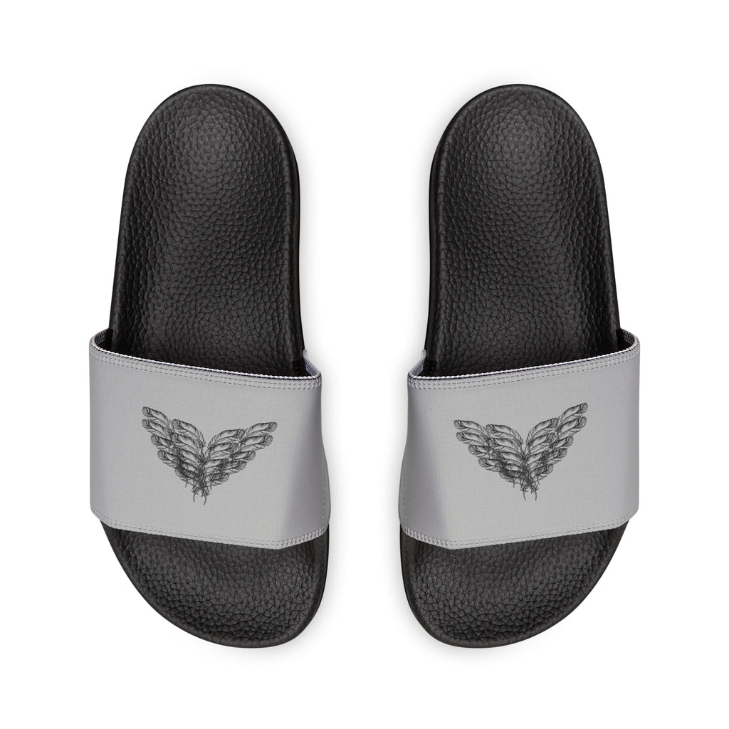 moontiq 'I Got Wings' men's comfortable slip on slides with black soles and gray straps featuring angel wing designs on a white background