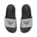 moontiq 'I Got Wings' men's comfortable slip on slides with black soles and gray straps featuring angel wing designs on a white background