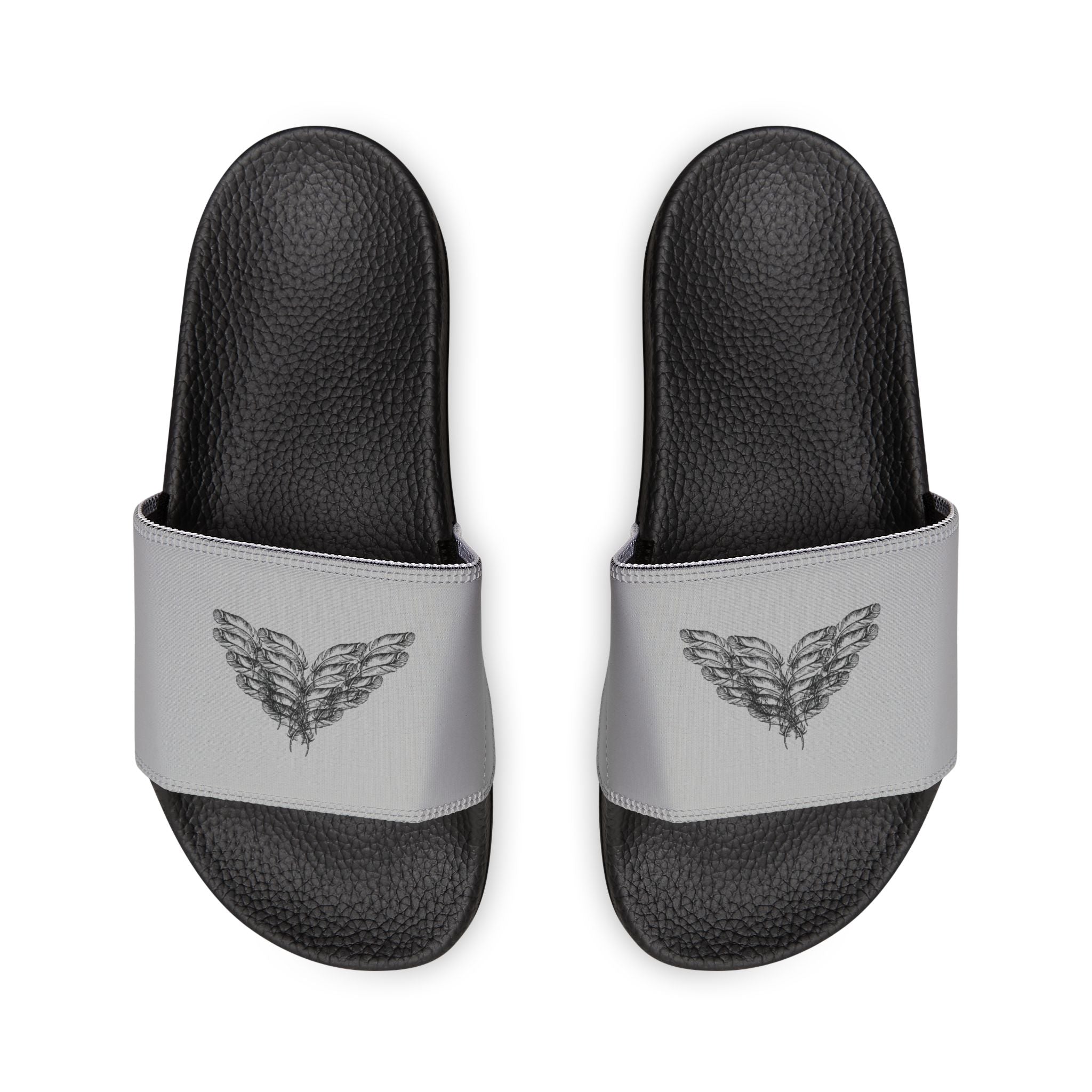 moontiq 'I Got Wings' men's comfortable slip on slides with black soles and gray straps featuring angel wing designs on a white background