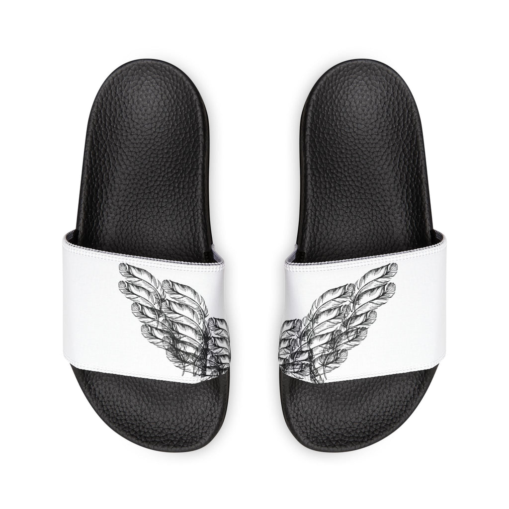 moontiq 'I Got Wings' men's comfortable slip on slides with black soles and white straps featuring angel wing designs on a white background