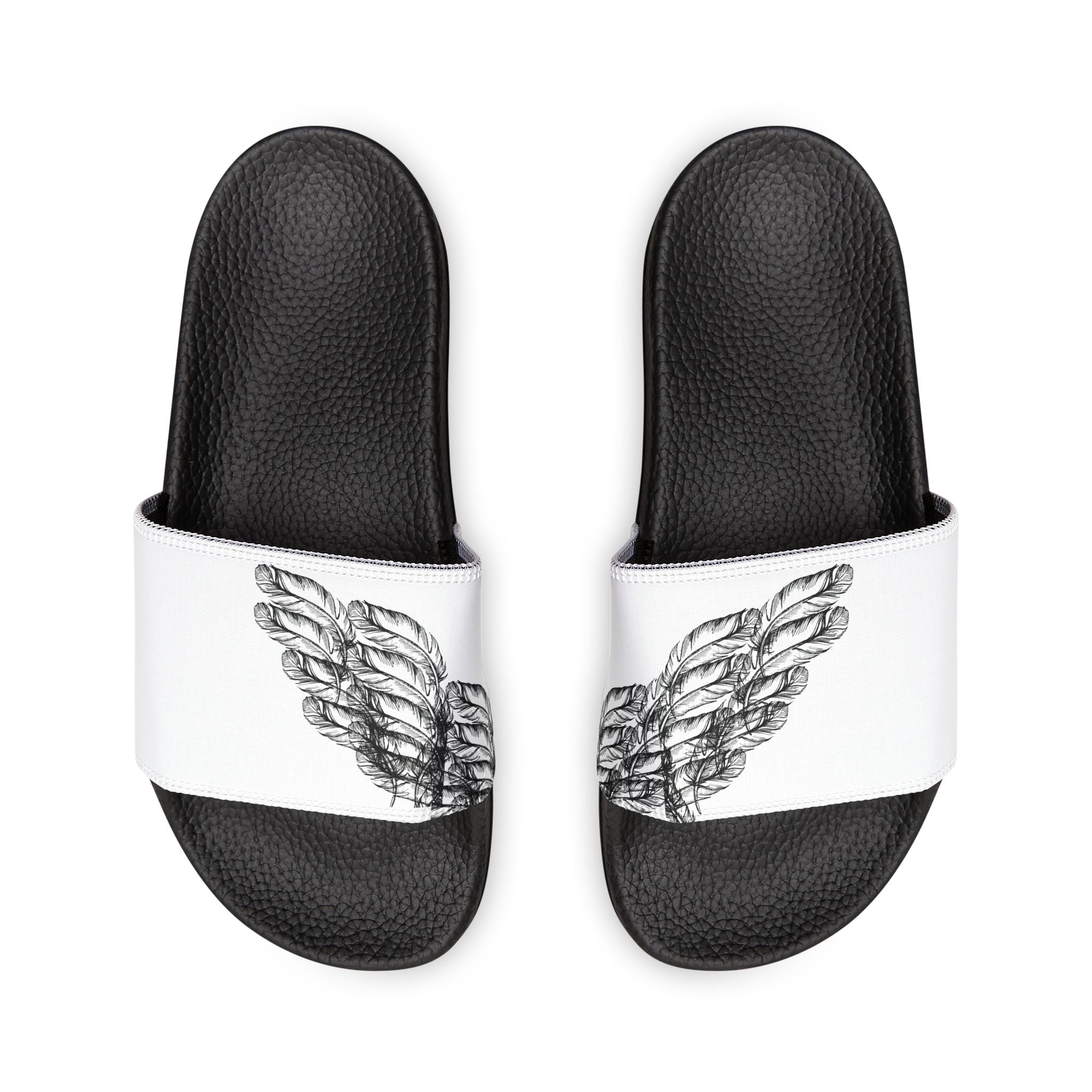 moontiq 'I Got Wings' men's comfortable slip on slides with black soles and white straps featuring angel wing designs on a white background