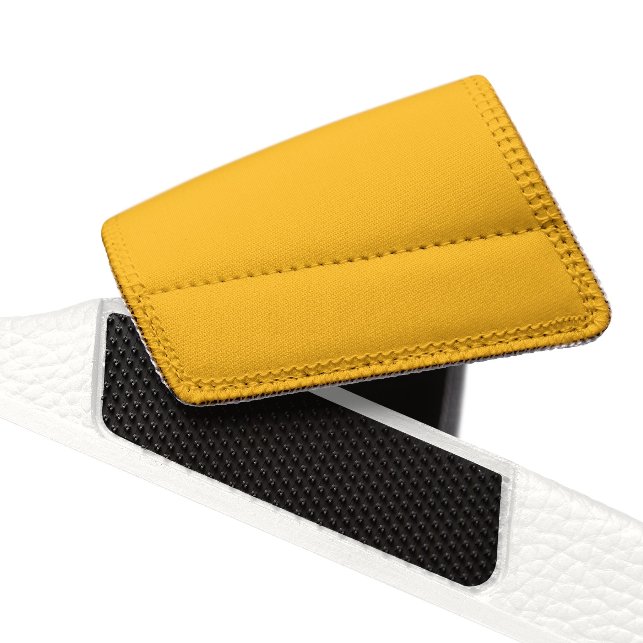 Close up view of the removable and machine washable strap of the moontiq women's white slide sandals with yellow straps featuring an underwater seahorse against a white background