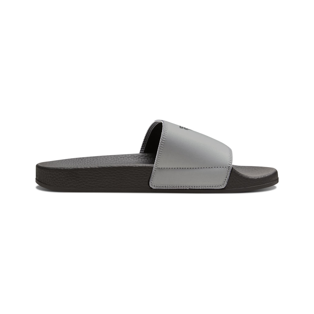 Side view of moontiq 'I Got Wings' men's comfortable slip on slides with black soles and gray straps featuring angel wing designs on a white background