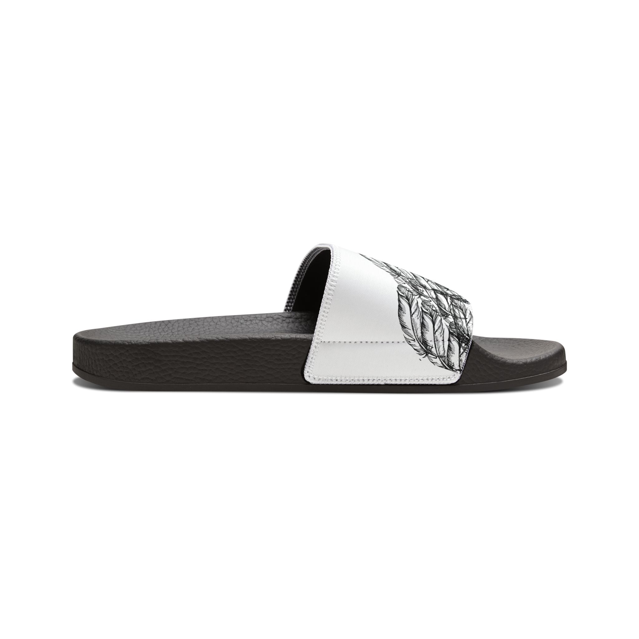 Side View of moontiq 'I Got Wings' men's comfortable slides with black soles and white straps featuring angel wing designs on a white background