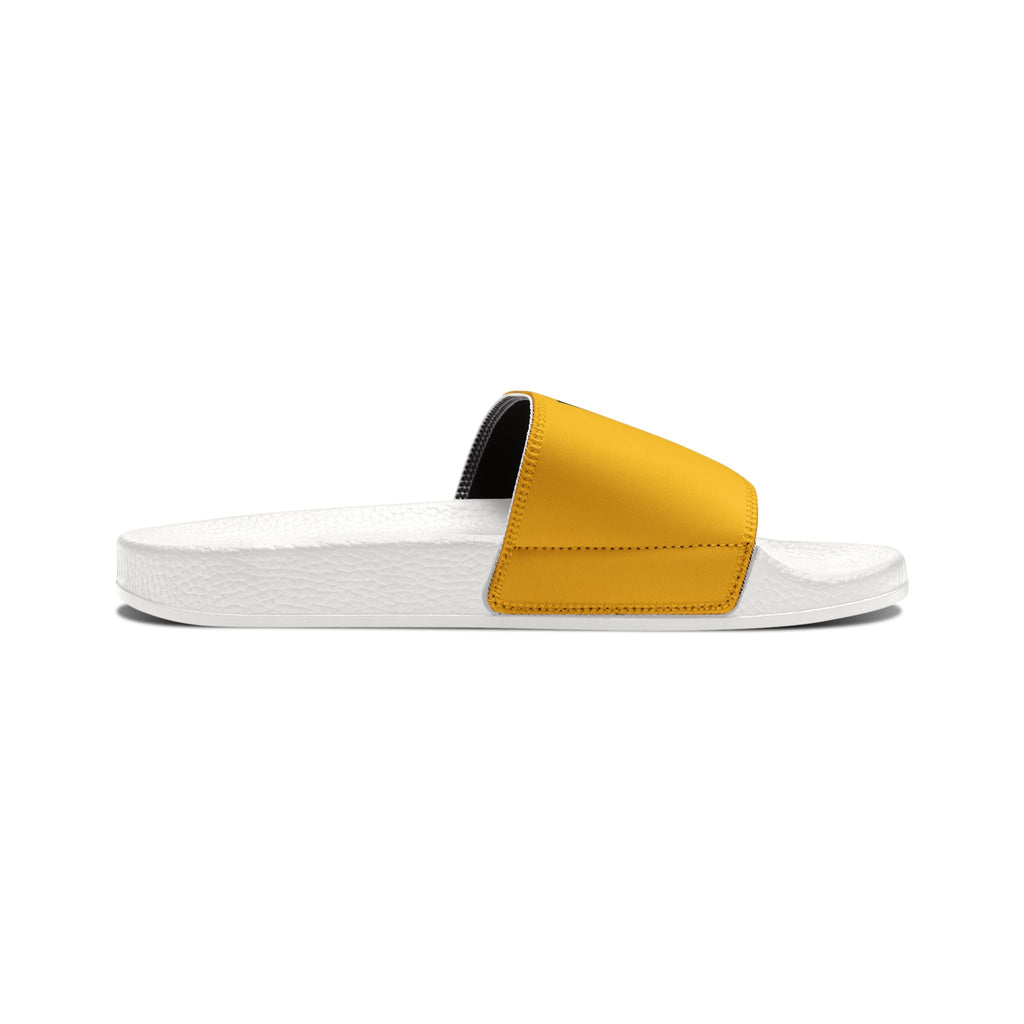 Side view of moontiq women's white summer slides with yellow straps featuring an underwater seahorse on a white background