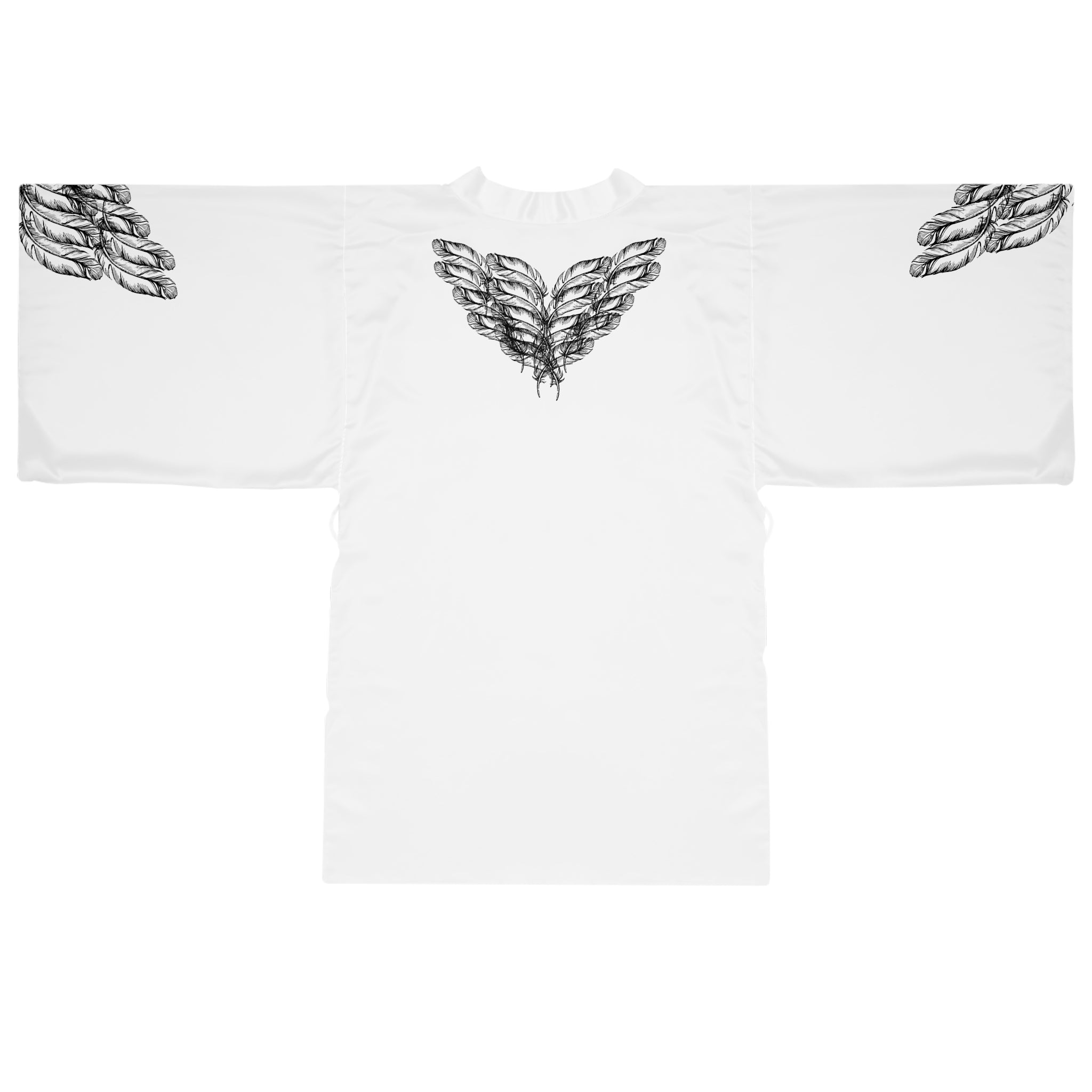 The back view of the moontiq white kimono robe 'I Got Wings' featuring angel wings on the back and black feathers on the sleeves against a white background.