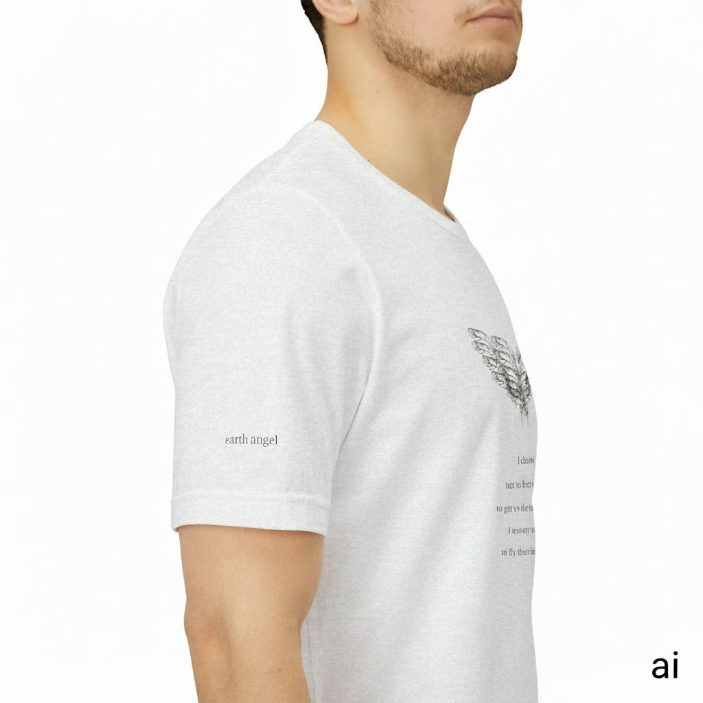 moontiq 'I Got Wings' white unisex t-shirt with 'earth angel' text on left sleeve worn by a male ai model against a white background. 