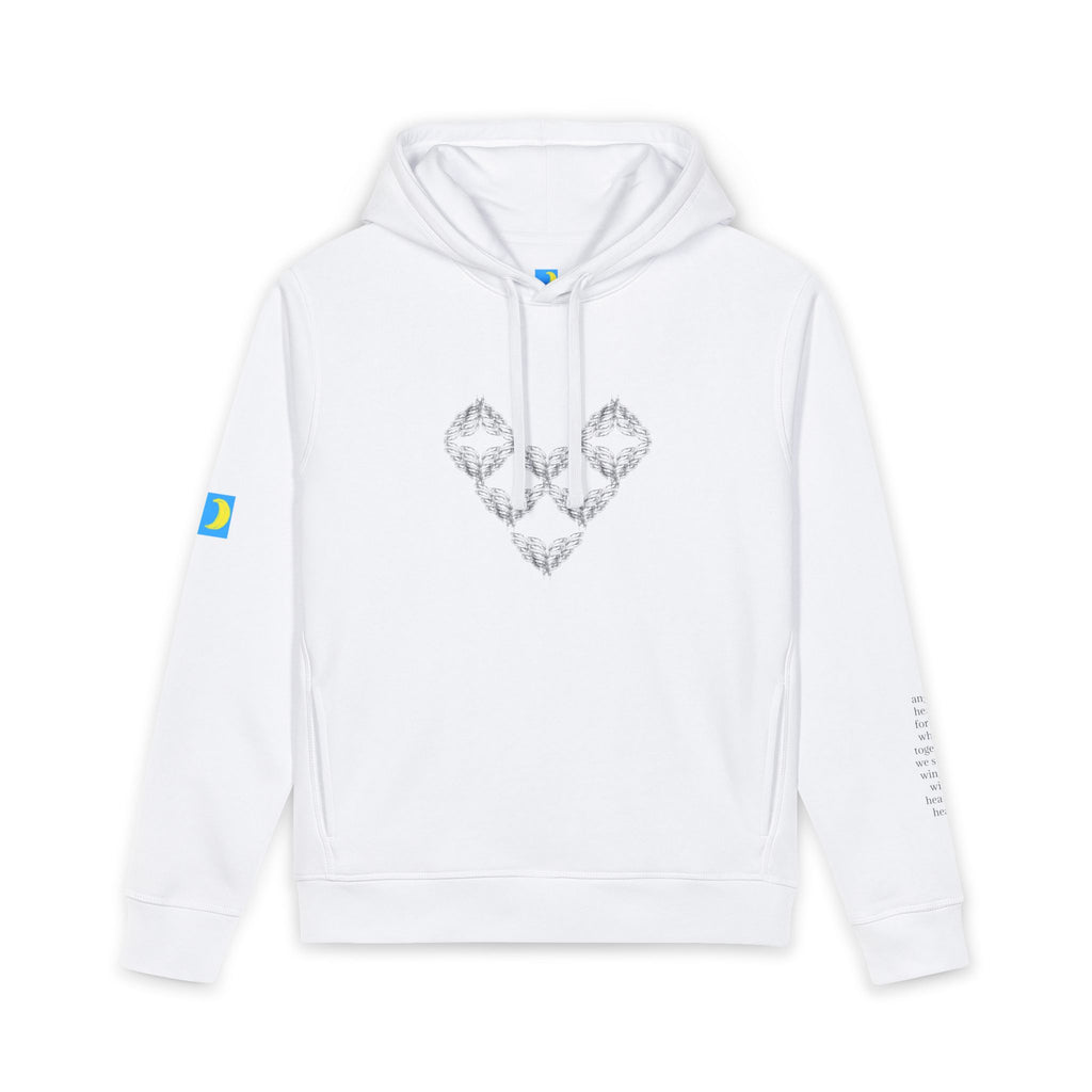moontiq 'Angel Heart' White Unisex organic hoodie with a geometric pattern of angel wings forming a heart against a white background
