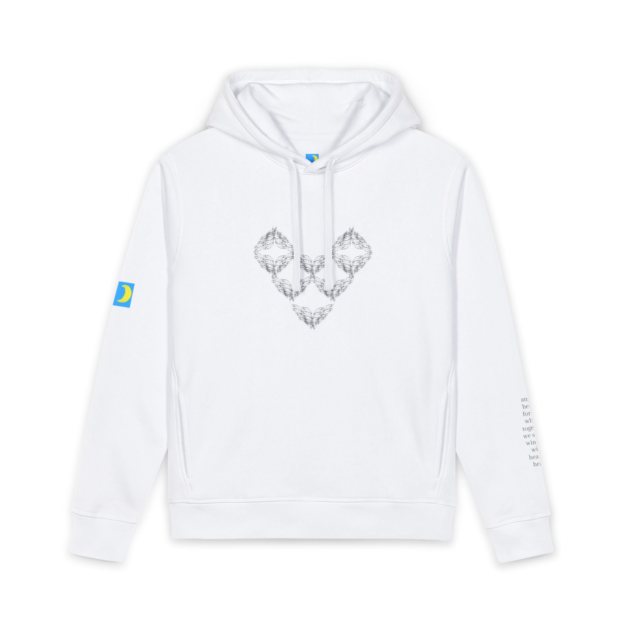 moontiq 'Angel Heart' White Unisex organic hoodie with a geometric pattern of angel wings forming a heart against a white background