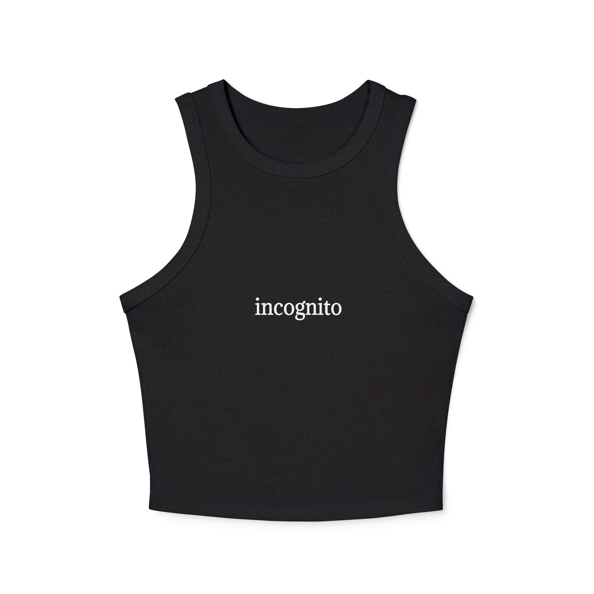 Black woman's crop top with white text 'incognito' on the chest.