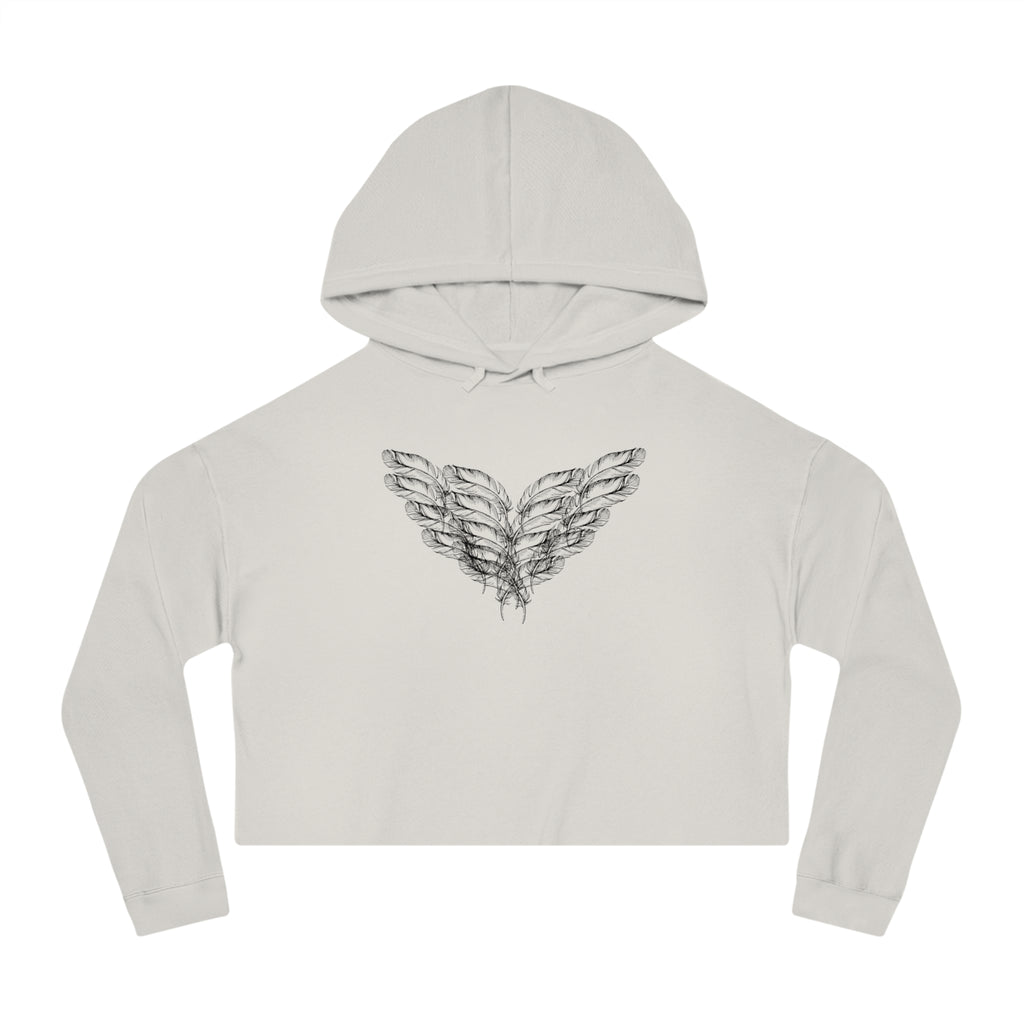 moontiq 'I Got Wings' Bone Beige cropped hoodie with black angel wings on the front on a white background