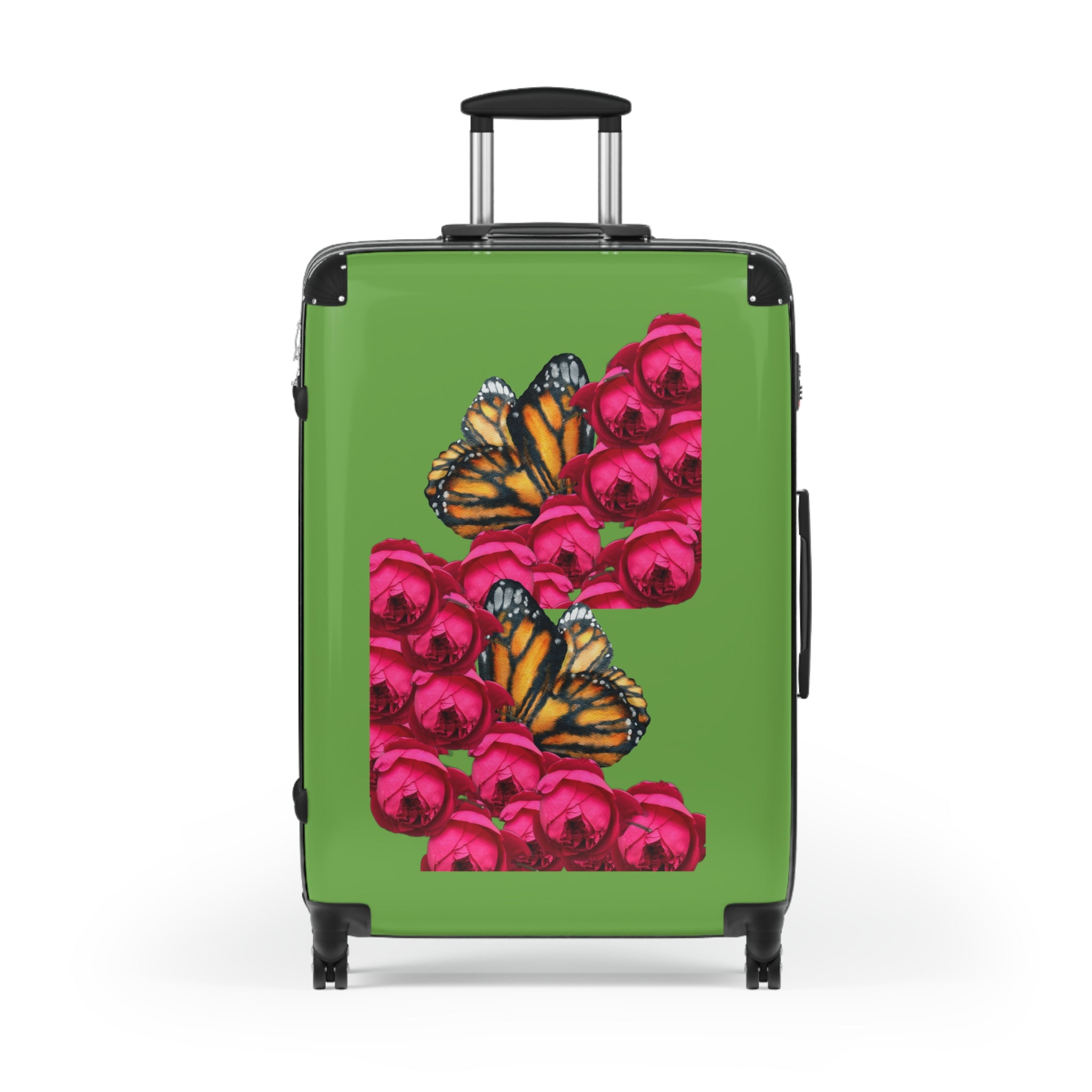 moontiq's beautiful  'Butterfly and Rose' green suitcase with handle and wheels in large size, with pink roses and orange butterflies on a white background