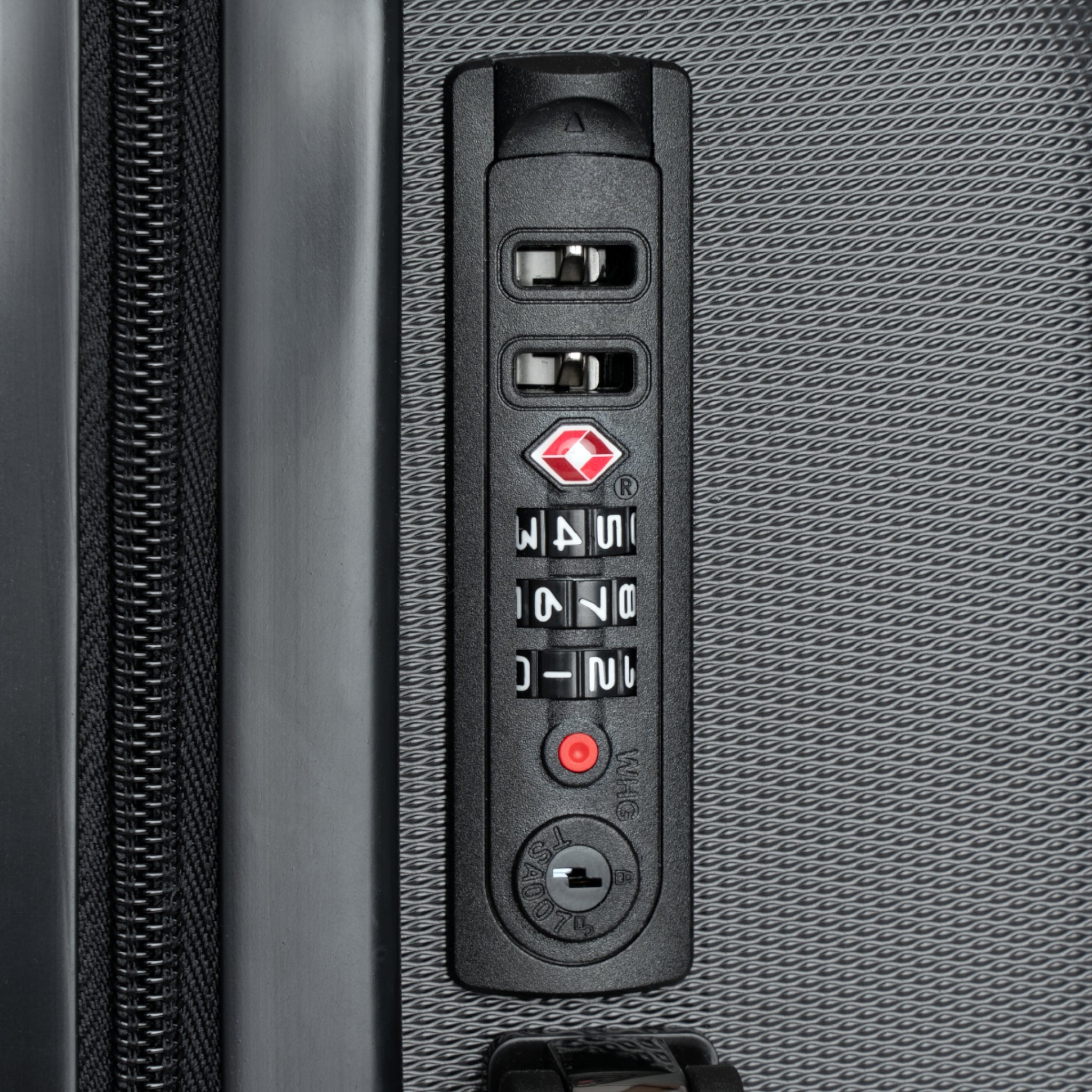 Close up of the moontiq 'Butterfly and Rose' quality luggage lock.