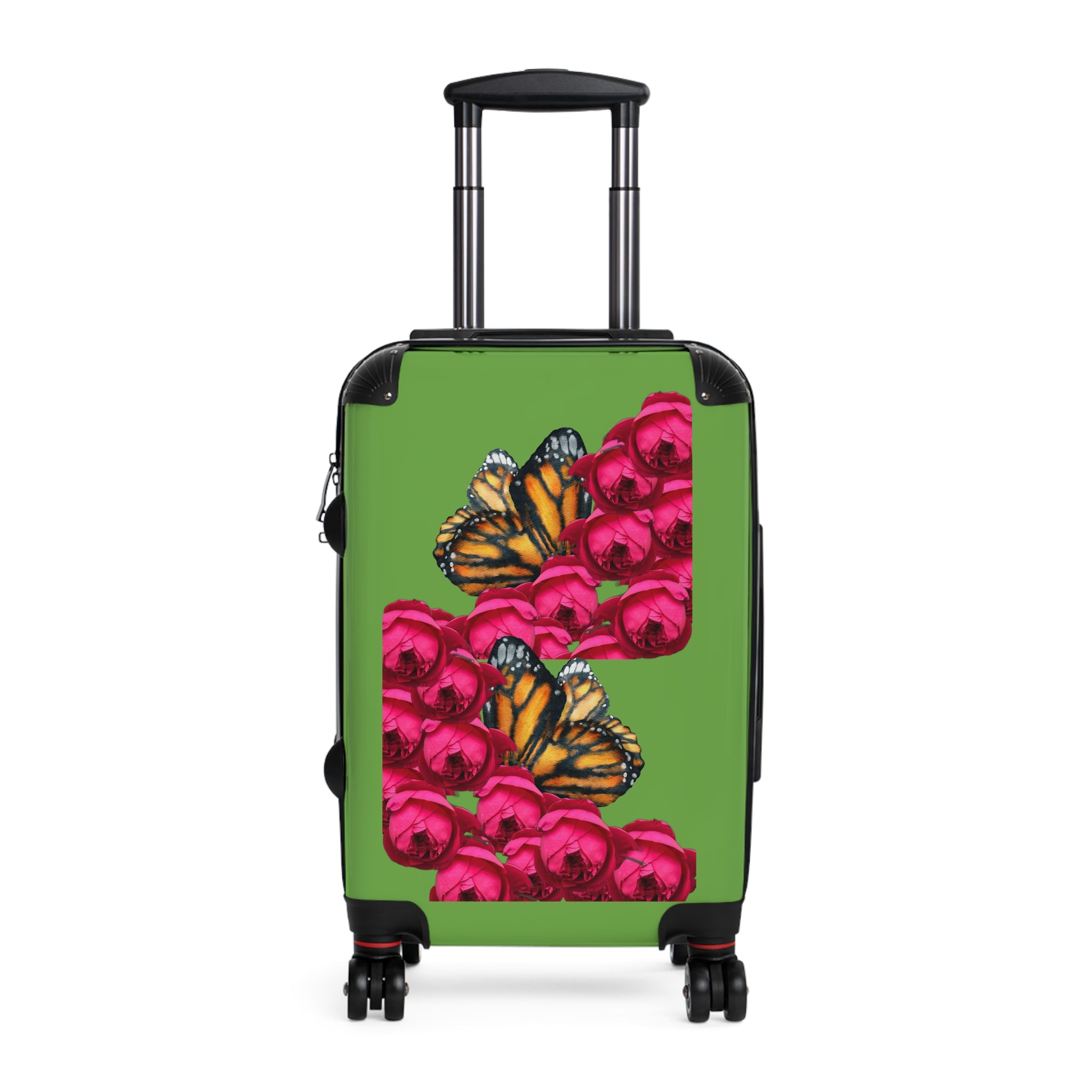moontiq's 'butterfly and Rose' hard shell luggage in medium size with pink roses and orange butterflies on a white background