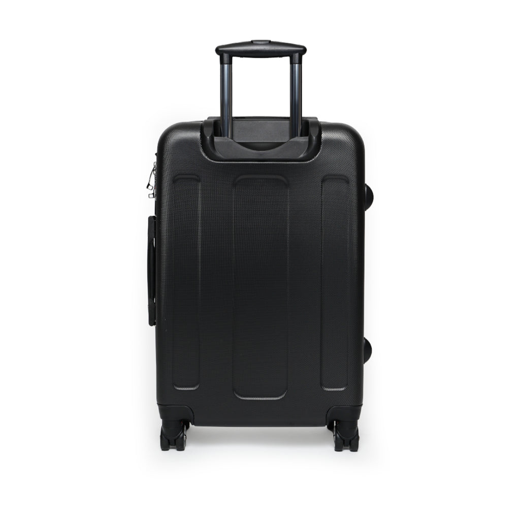 moontiq 'Butterfly and Rose' luggage back view with plain black hard casing, wheels and easy to pull handle.