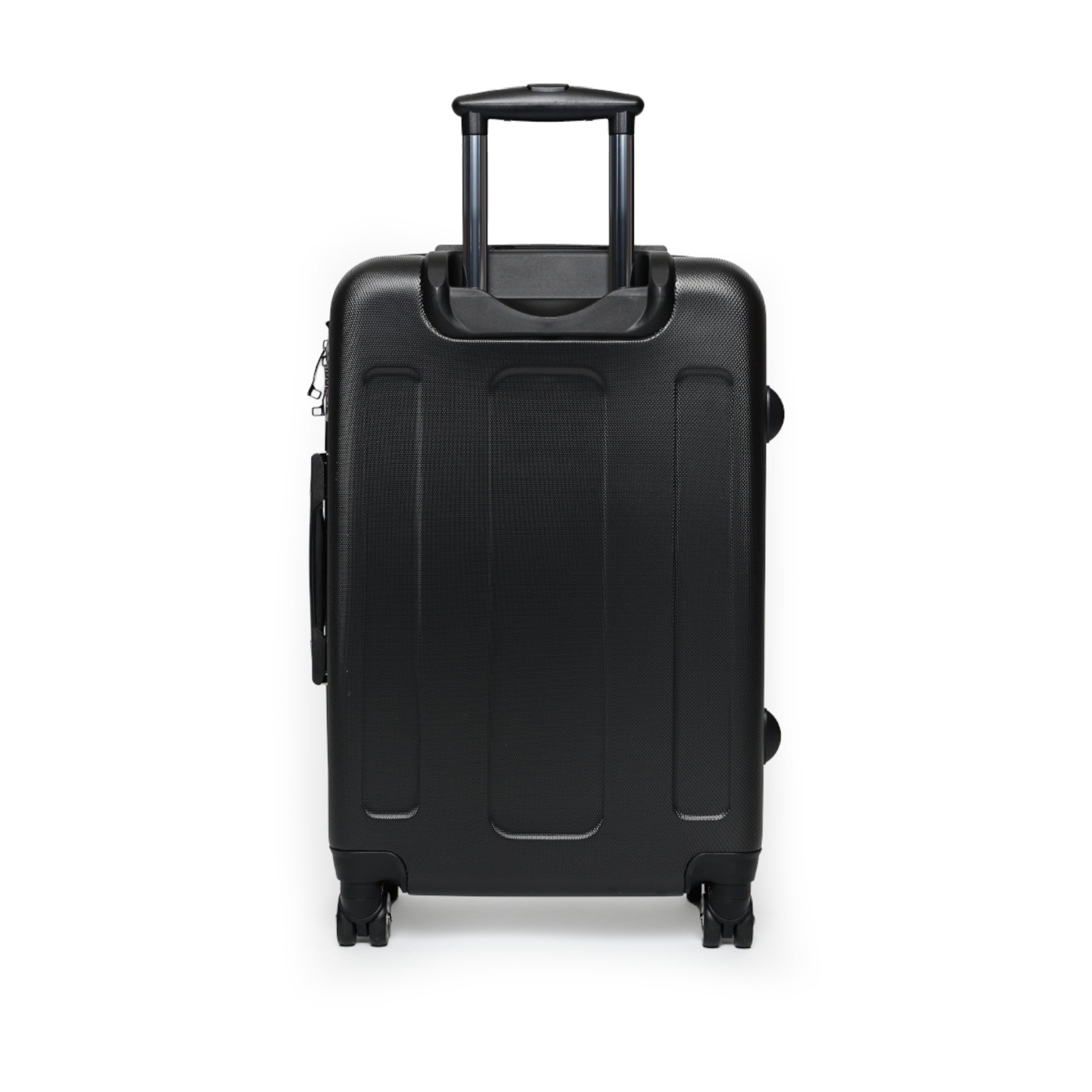 moontiq 'Butterfly and Rose' luggage back view with plain black hard casing, wheels and easy to pull handle.