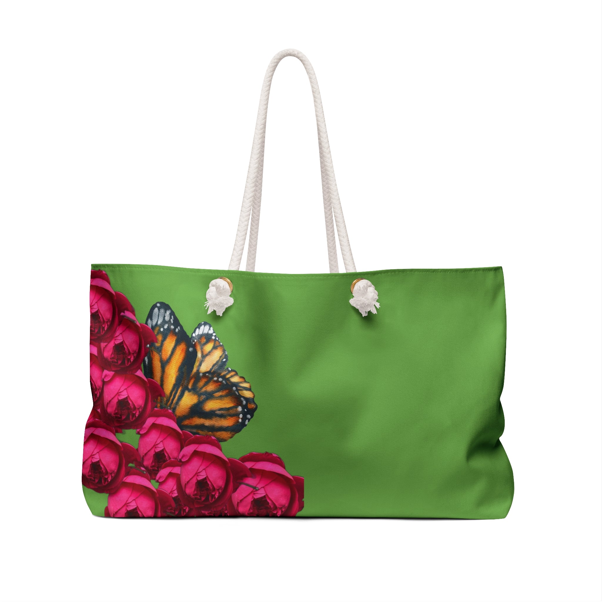 moontiq large green weekender tote bag with butterfly and pink rose design with white rope handles