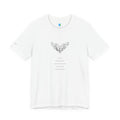 moontiq 'I Got Wings' White t-shirt with angel wings design on the front and text about how earth angels do not hurt others to get to the top in life, they fly there instead. Earth Angel text on left sleeve. The image of the soft, comfortable, unisex t-shirt is against a white background.