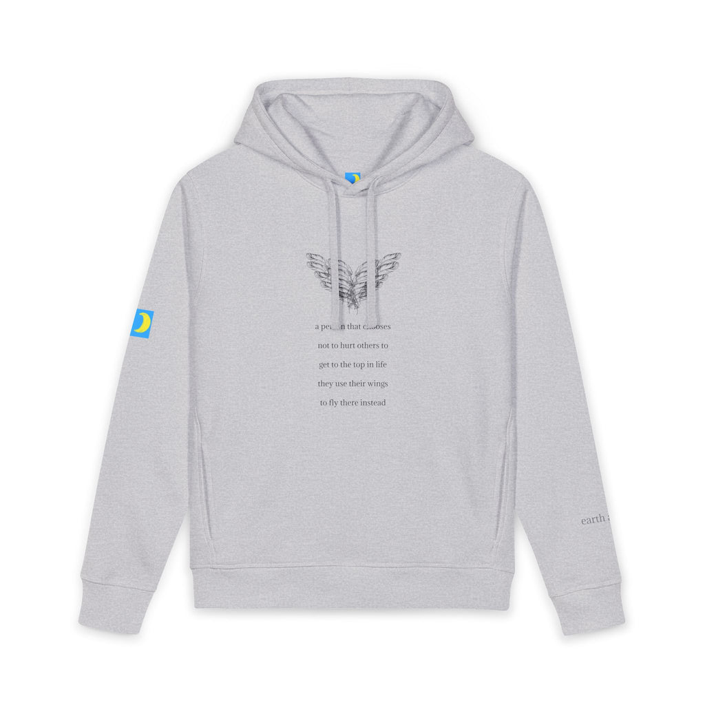 moontiq 'I Got Wings' gray hoodie with graphic design of angel wings and text about how earth angels don't hurt others on their way to the top of life but they use their wings instead. moontiq blue and yellow logo on right sleeve and the word's 'earth angel' is on the left sleeve. The image of the unisex hoodie is against a white background.
