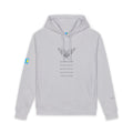 moontiq 'I Got Wings' gray hoodie with graphic design of angel wings and text about how earth angels don't hurt others on their way to the top of life but they use their wings instead. moontiq blue and yellow logo on right sleeve and the word's 'earth angel' is on the left sleeve. The image of the unisex hoodie is against a white background.
