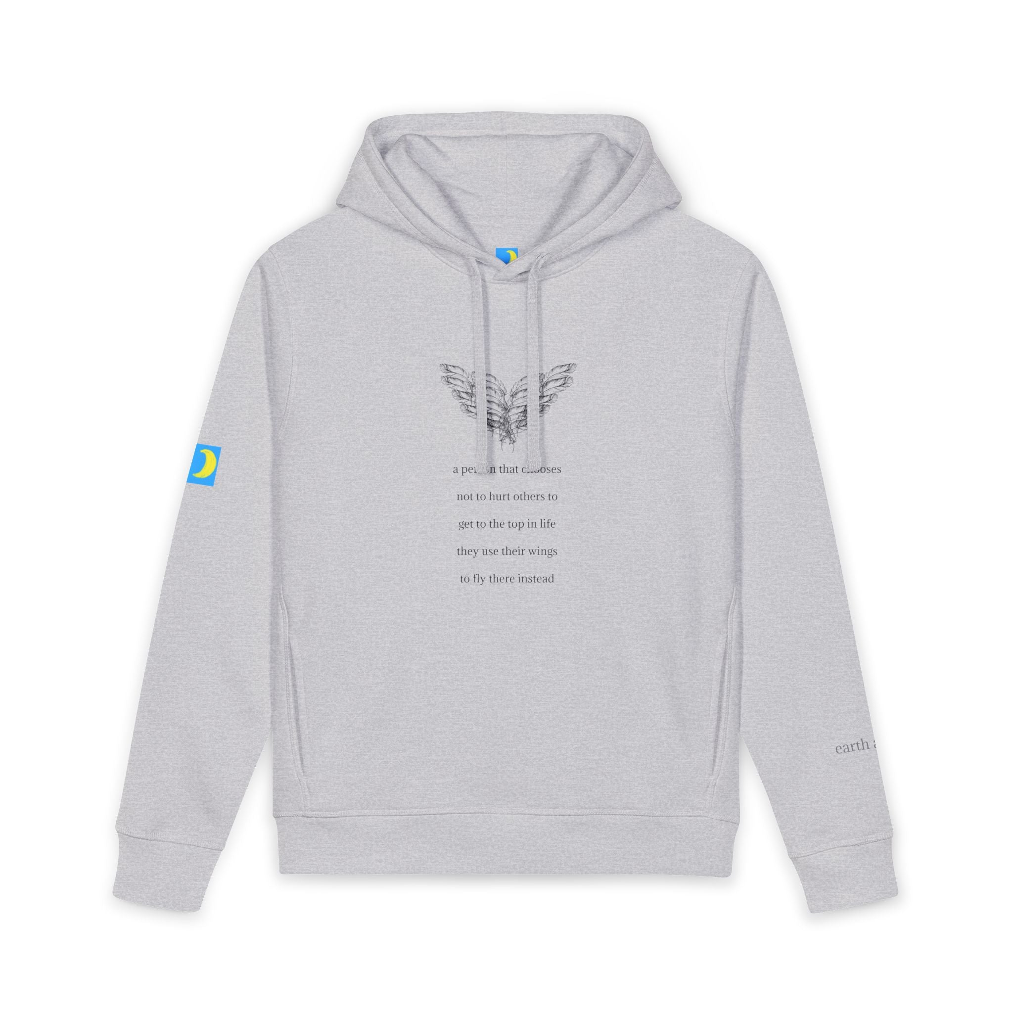 moontiq 'I Got Wings' gray hoodie with graphic design of angel wings and text about how earth angels don't hurt others on their way to the top of life but they use their wings instead. moontiq blue and yellow logo on right sleeve and the word's 'earth angel' is on the left sleeve. The image of the unisex hoodie is against a white background.