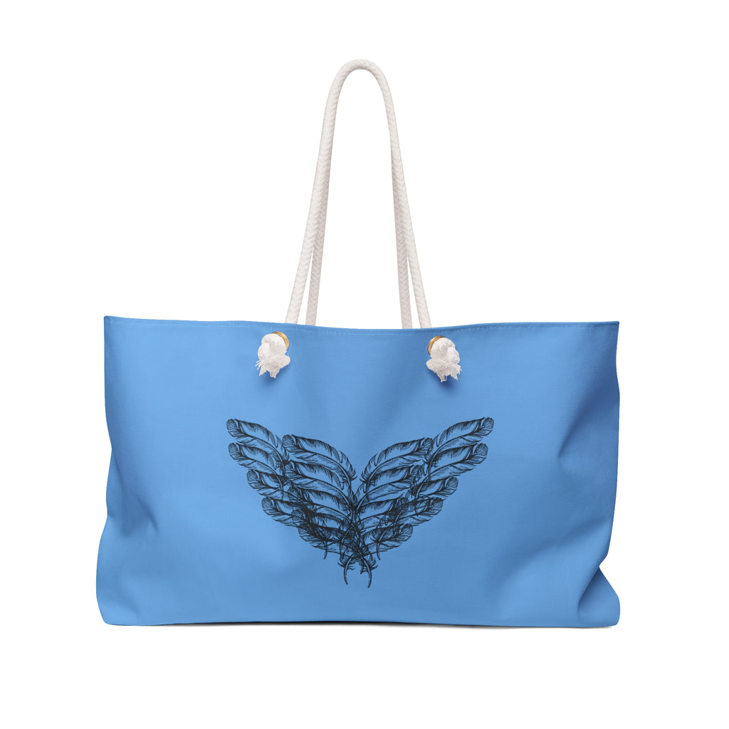moontiq 'I Got Wings' large angelic blue tote bag with an angel wing design with white rope handles on a white background
