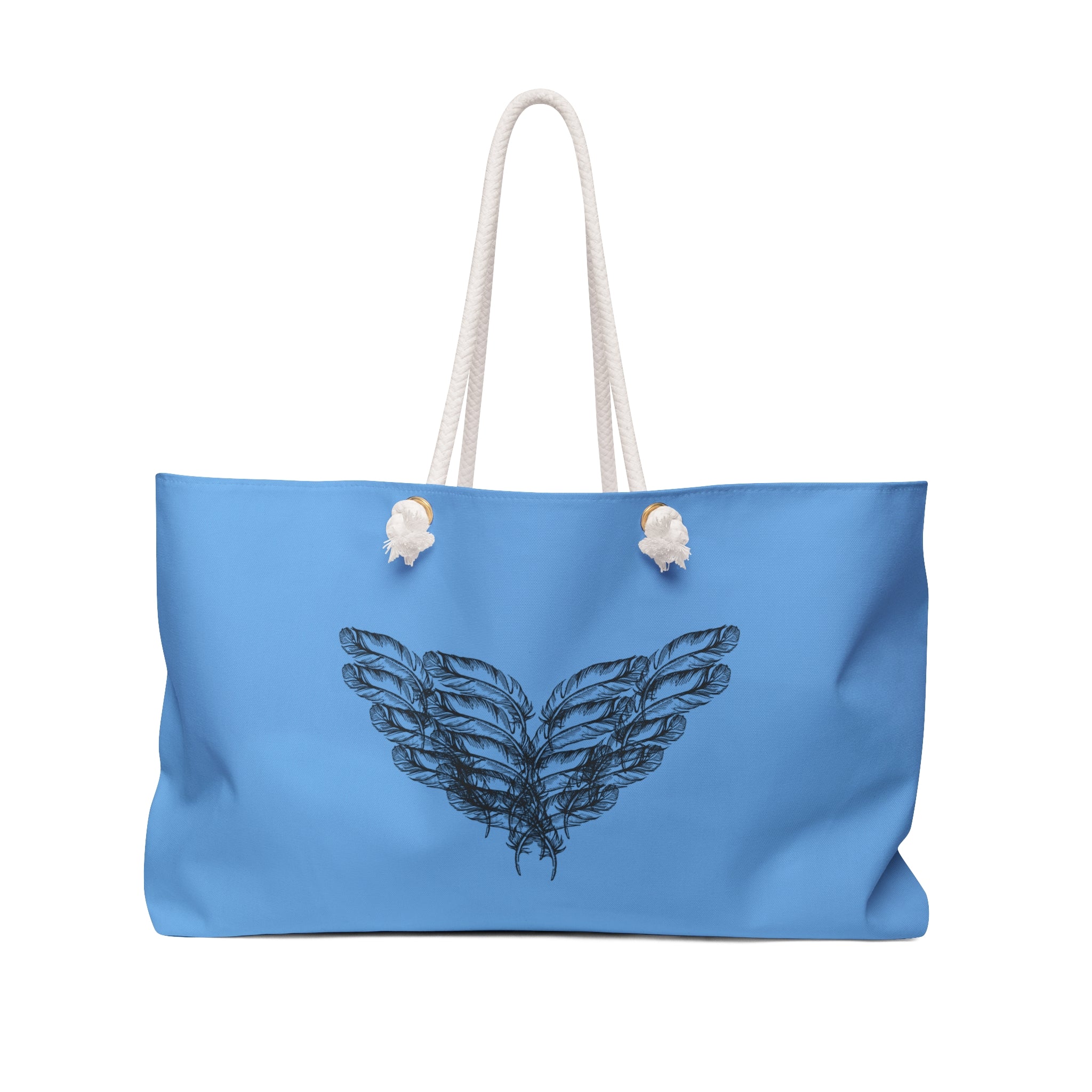 moontiq 'I Got Wings' large angelic blue tote bag with an angel wing design with white rope handles on a white background