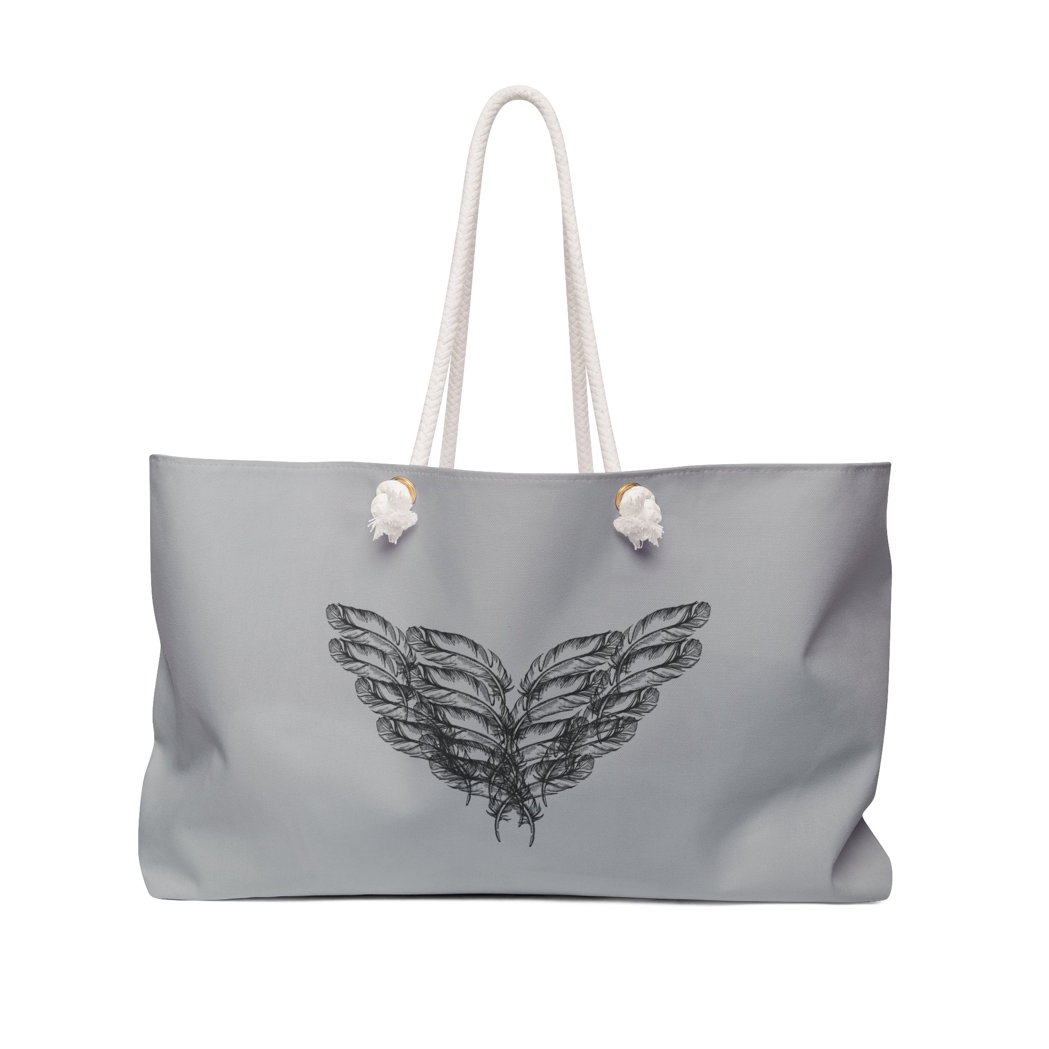 moontiq 'I Got Wings' large heavenly gray tote bag with an angel wing design with white rope handles on a white background