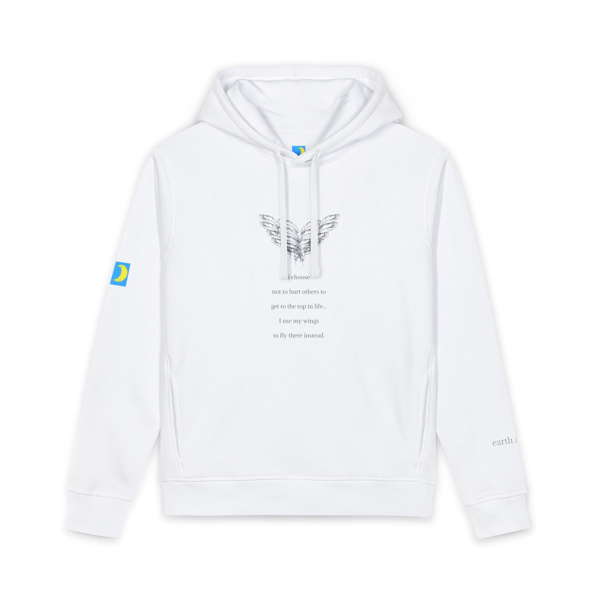 moontiq 'I Got Wings' white hoodie with graphic design of angel wings and text about how earth angels don't hurt others on their way to the top of life but they use their wings instead. moontiq blue and yellow logo on right sleeve and the word's 'earth angel' is on the left sleeve. The image of the unisex hoodie is against a white background.