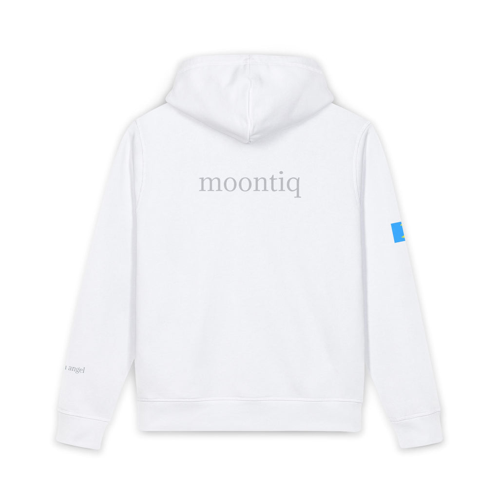 Back view of moontiq 'I Got Wings' white organic hoodie with 'moontiq' branding against a white background