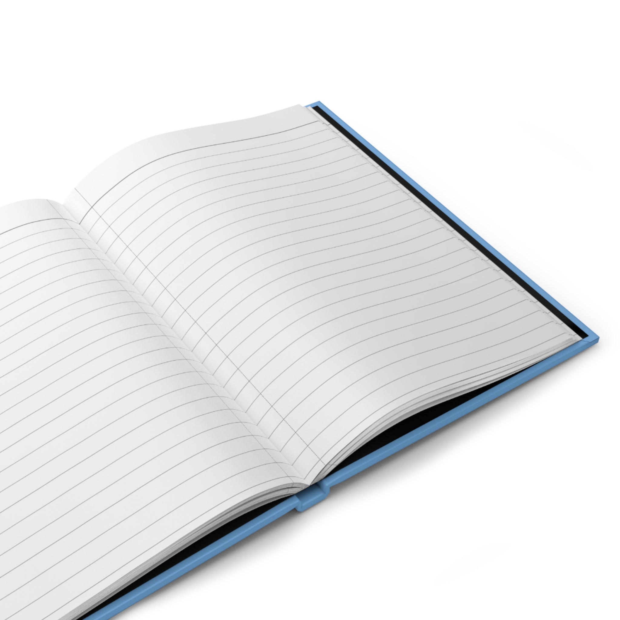 An open view of the moontiq Blue 'I LOVE ME' notebook with lined pages for journalling against a white background.